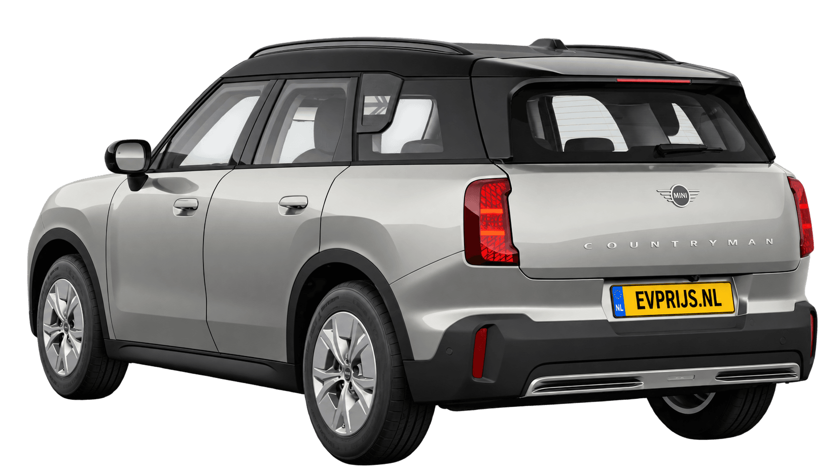 AI-bewerking (Imagegen) van officieel MINI-beeld: Countryman Electric achter-/zijaanzicht in Melting Silver III (COSY 360°-stage van de Nederlandse MINI-configurator, achtergrond wit, Countryman Electric Classic E, hoek 150°); velgen en details kunnen per uitvoering afwijken, beeld 2