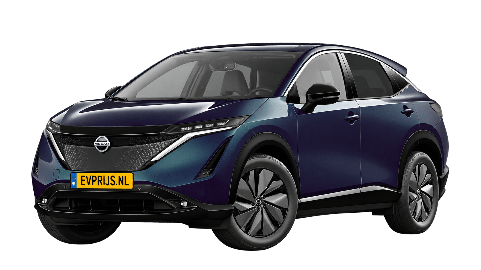 AI-bewerking (Imagegen) van officieel Nissan-beeld: Ariya voor-/zijaanzicht in Aurora Green (Nissan-imageserver (NL), Ariya Engage 63 kWh modeljaar 2025, aanzicht E01); velgen en details kunnen per uitvoering afwijken, beeld 4