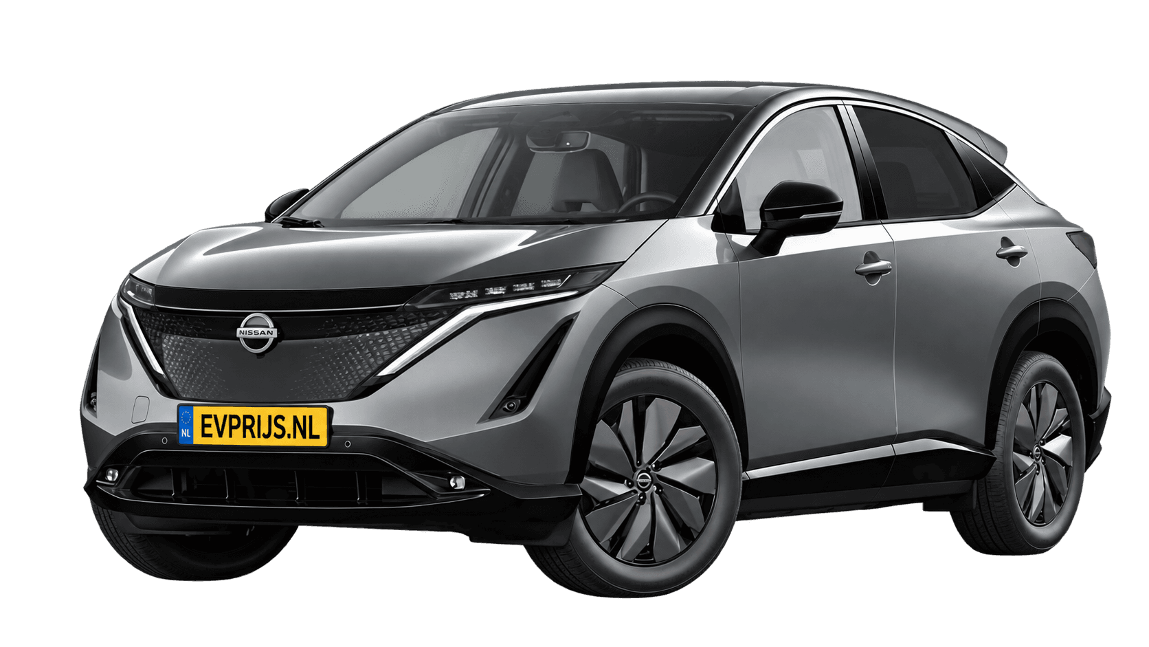 AI-bewerking (Imagegen) van officieel Nissan-beeld: Ariya voor-/zijaanzicht in Gunmetal Grey (Nissan-imageserver (NL), Ariya Engage 63 kWh modeljaar 2025, aanzicht E01); velgen en details kunnen per uitvoering afwijken, beeld 3