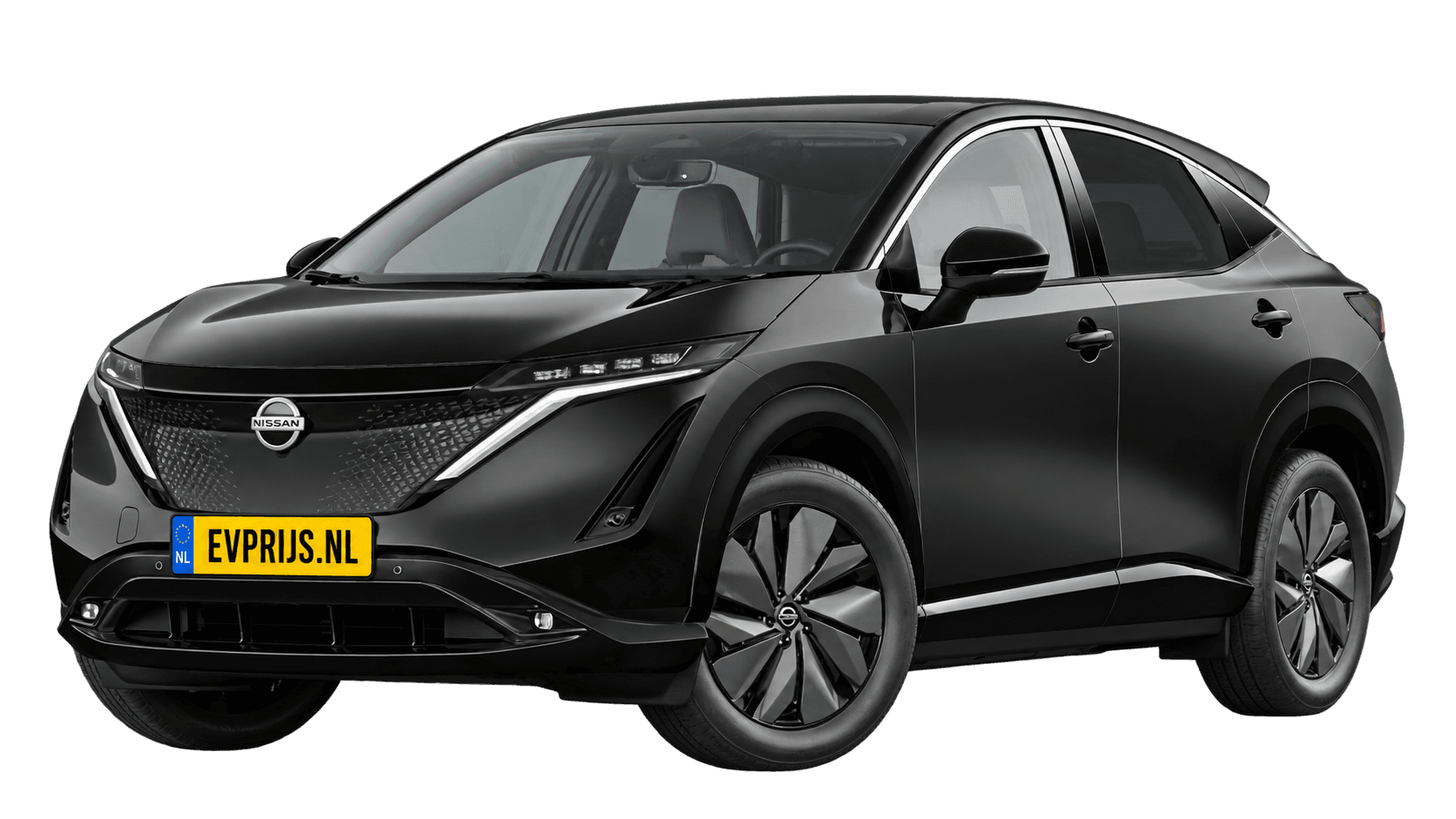 AI-bewerking (Imagegen) van officieel Nissan-beeld: Ariya voor-/zijaanzicht in Pearl Black (Nissan-imageserver (NL), Ariya Engage 63 kWh modeljaar 2025, aanzicht E01); velgen en details kunnen per uitvoering afwijken, beeld 6