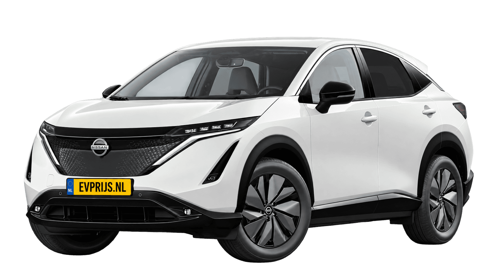 AI-bewerking (Imagegen) van officieel Nissan-beeld: Ariya voor-/zijaanzicht in Pearl White (Nissan-imageserver (NL), Ariya Engage 63 kWh modeljaar 2025, aanzicht E01); velgen en details kunnen per uitvoering afwijken, beeld 5