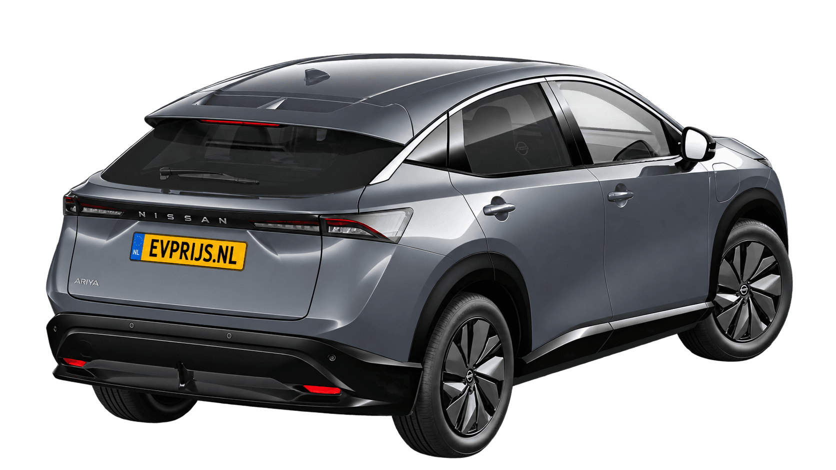 AI-bewerking (Imagegen) van officieel Nissan-beeld: Ariya achter-/zijaanzicht in Ceramic Grey (Nissan-imageserver (NL), Ariya Engage 63 kWh modeljaar 2025, aanzicht E19); velgen en details kunnen per uitvoering afwijken, beeld 2
