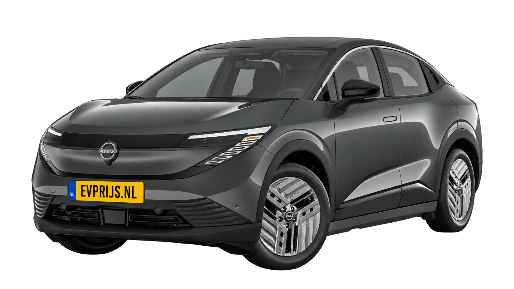 AI-bewerking (Imagegen) van officieel Nissan-beeld: Leaf voor-/zijaanzicht in Gun Grey (configuratorrender Engage 177 pk / 52 kWh / automaat, aanzicht E01); velgen en details kunnen per uitvoering afwijken, beeld 5