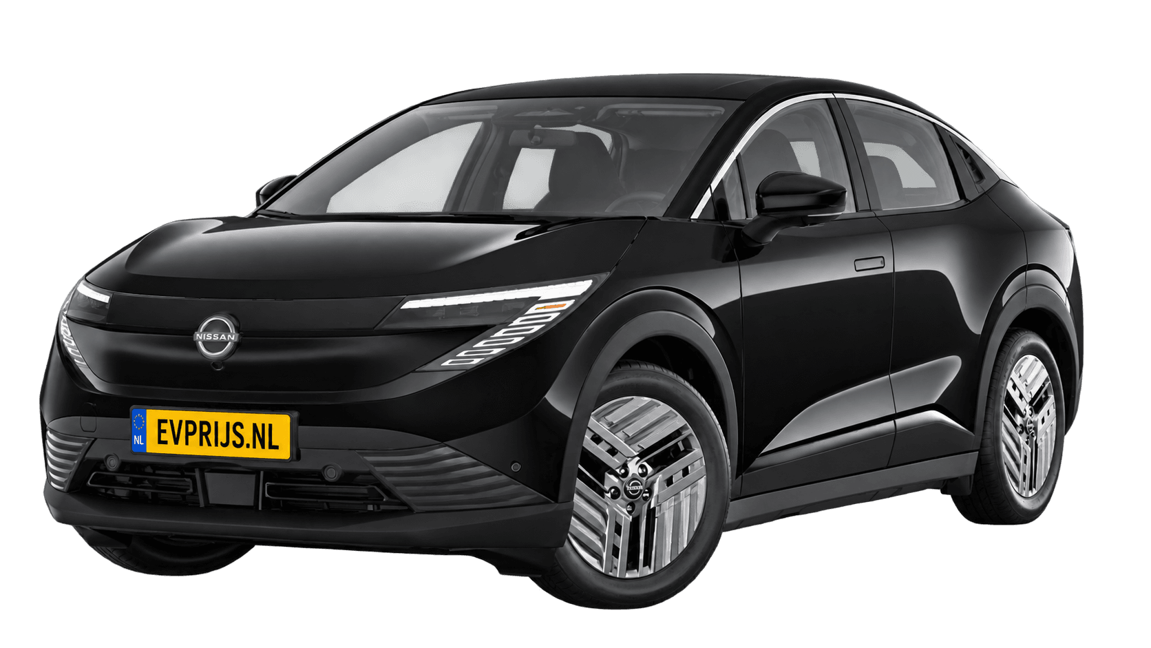 AI-bewerking (Imagegen) van officieel Nissan-beeld: Leaf voor-/zijaanzicht in Pearl Black (configuratorrender Engage 177 pk / 52 kWh / automaat, aanzicht E01); velgen en details kunnen per uitvoering afwijken, beeld 3