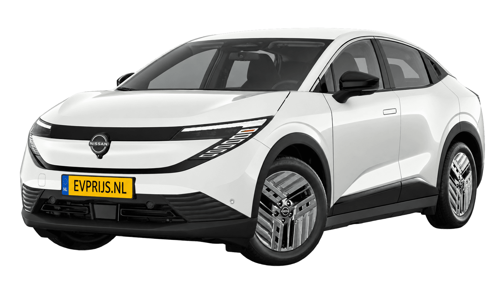 AI-bewerking (Imagegen) van officieel Nissan-beeld: Leaf voor-/zijaanzicht in Pearl White (configuratorrender Engage 177 pk / 52 kWh / automaat, aanzicht E01); velgen en details kunnen per uitvoering afwijken, beeld 4