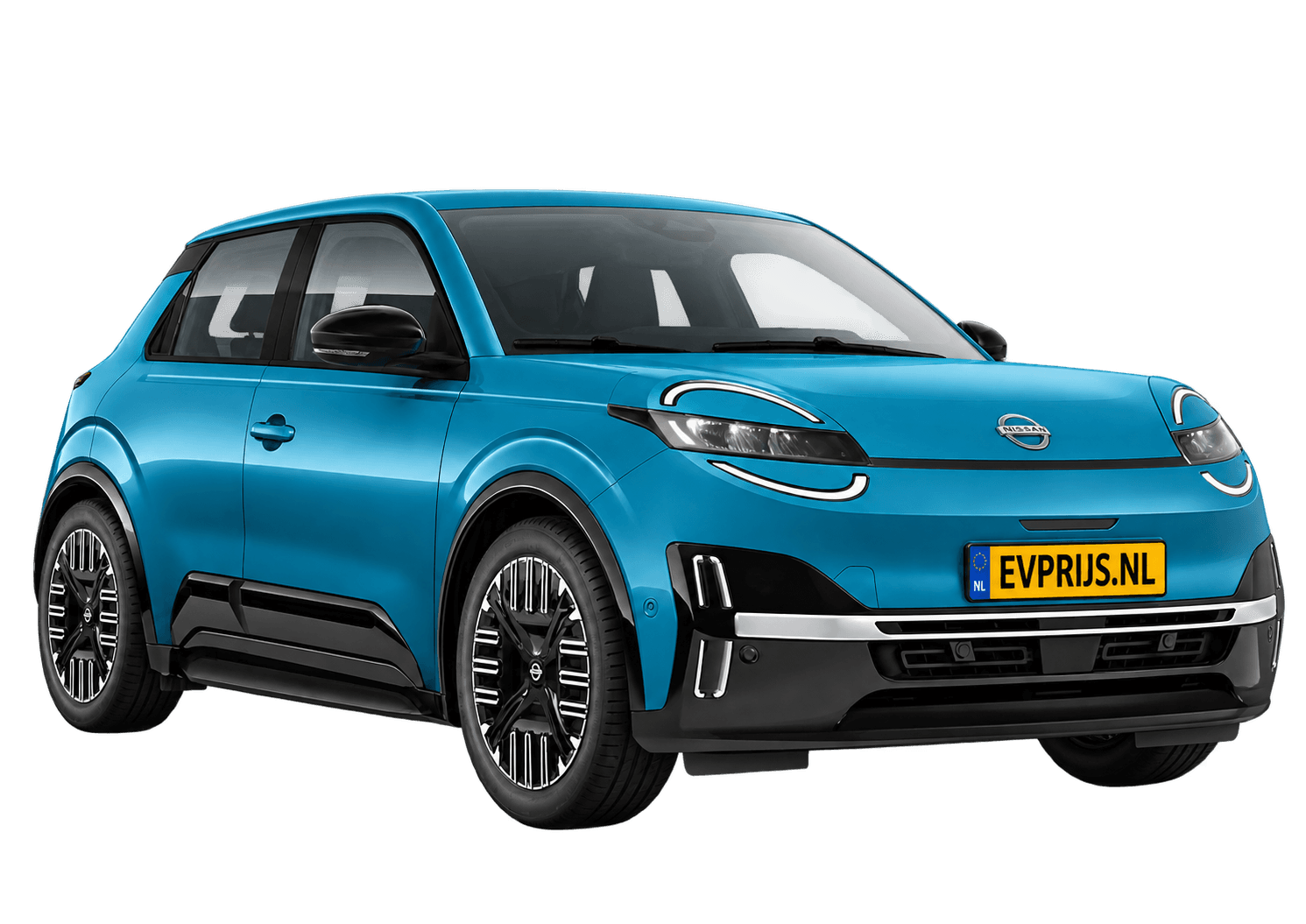 AI-bewerking (Imagegen) van officieel Nissan-beeld: Micra voor-/zijaanzicht in Authentic Blue (configuratorrender ADVANCE 40 kWh batterij ADVANCE, aanzicht voor-/zijaanzicht); velgen en details kunnen per uitvoering afwijken, beeld 10