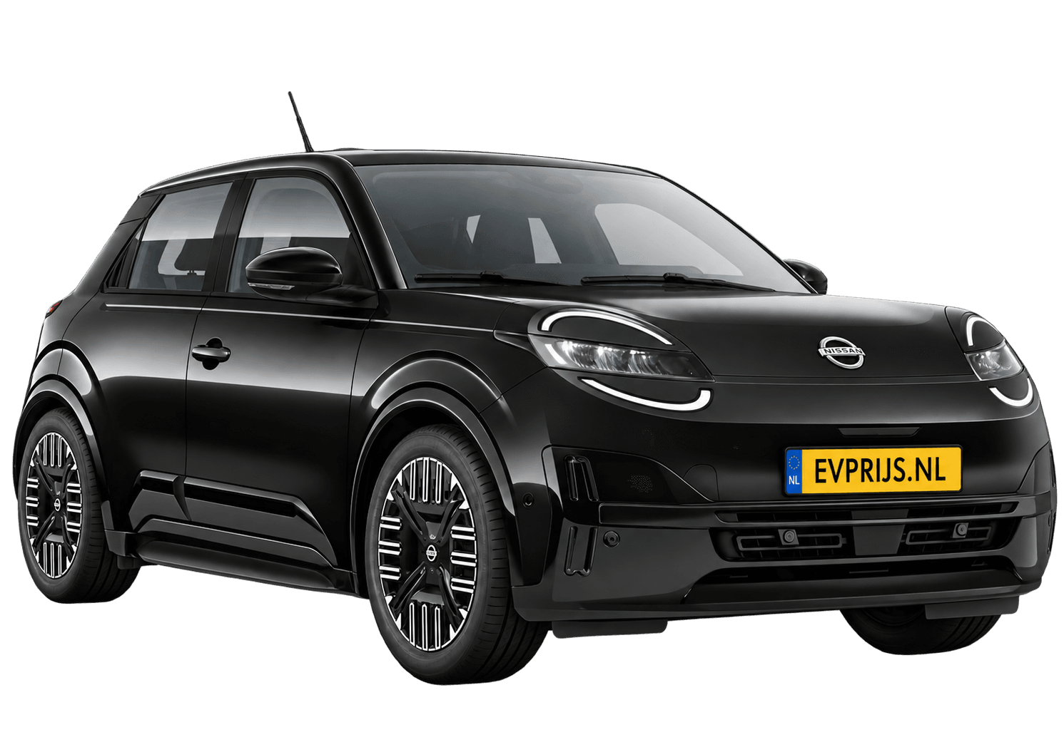 AI-bewerking (Imagegen) van officieel Nissan-beeld: Micra voor-/zijaanzicht in Mystery Black (configuratorrender ENGAGE 40 kWh batterij ENGAGE, aanzicht voor-/zijaanzicht); velgen en details kunnen per uitvoering afwijken, beeld 4
