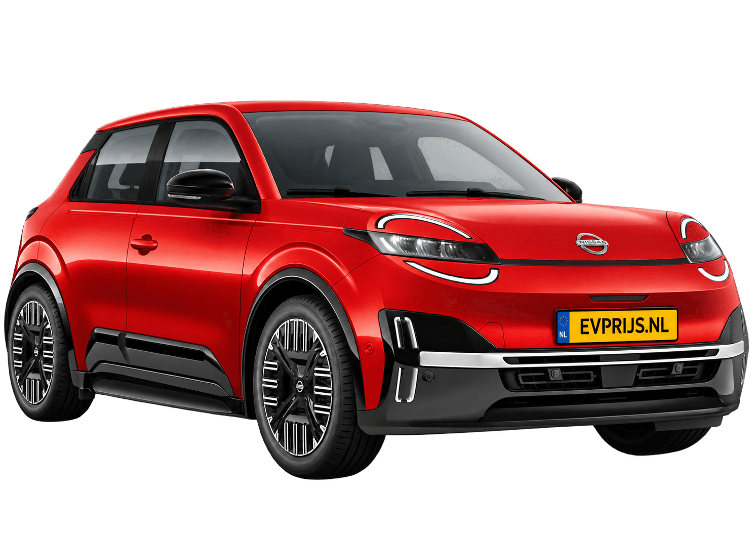 AI-bewerking (Imagegen) van officieel Nissan-beeld: Micra voor-/zijaanzicht in Rebel Red (configuratorrender ADVANCE 40 kWh batterij ADVANCE, aanzicht voor-/zijaanzicht); velgen en details kunnen per uitvoering afwijken, beeld 9