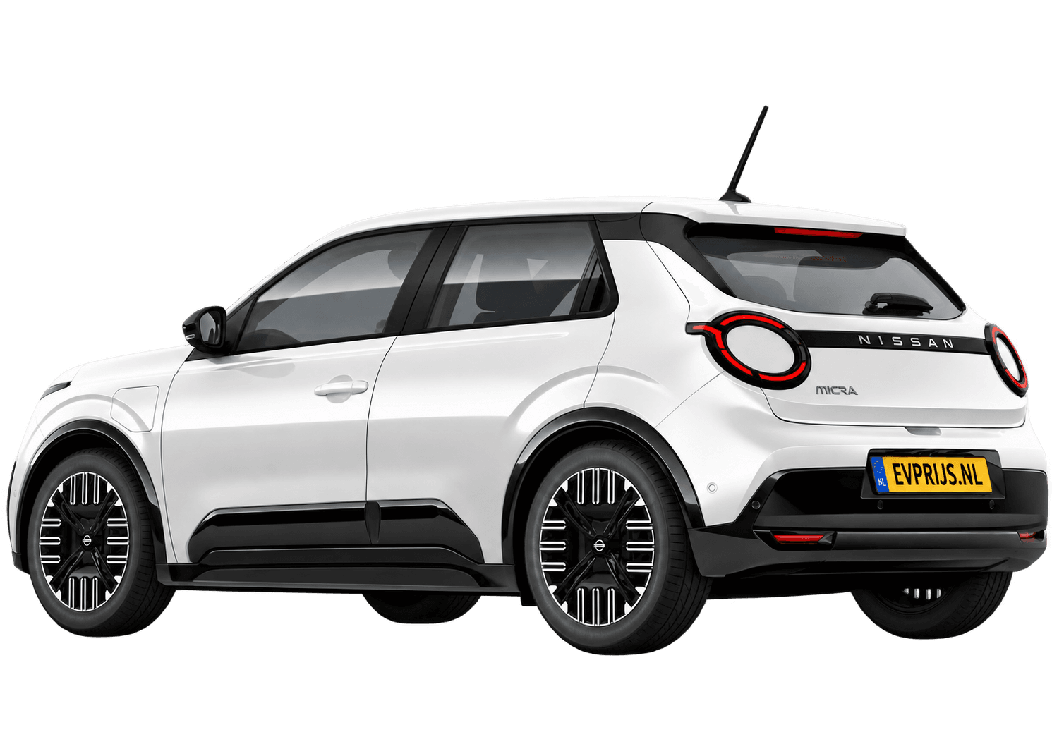 AI-bewerking (Imagegen) van officieel Nissan-beeld: Micra achter-/zijaanzicht in Pure White (configuratorrender ENGAGE 40 kWh batterij ENGAGE, aanzicht achter-/zijaanzicht); velgen en details kunnen per uitvoering afwijken, beeld 2