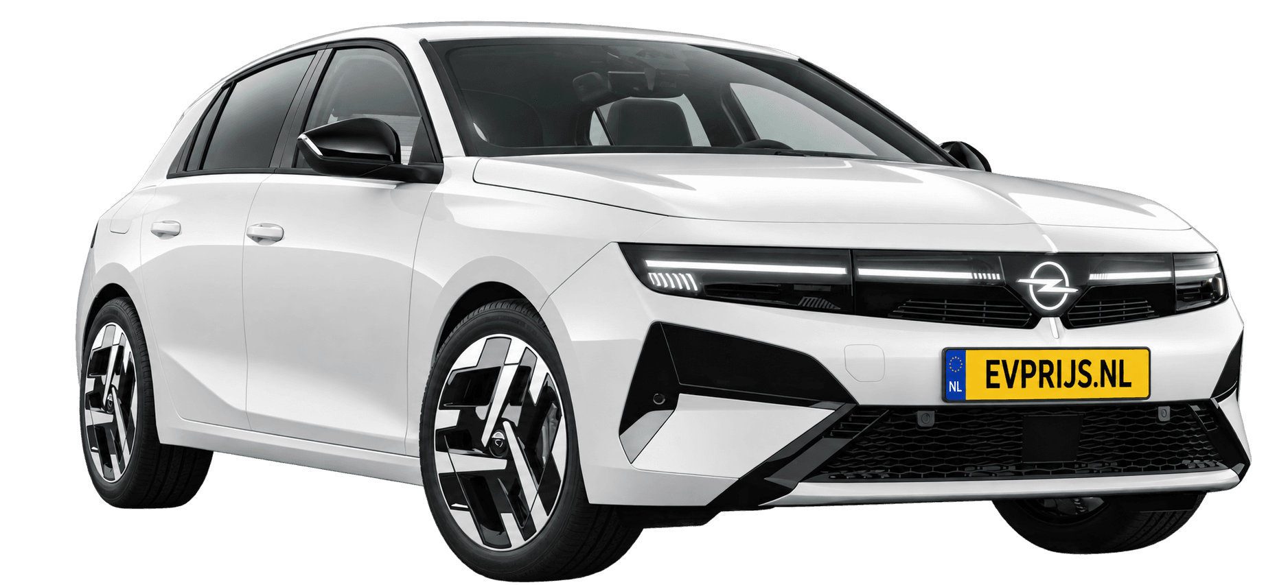 AI-bewerking (Imagegen) van officiële Opel-configuratorrender: Astra Electric voor-/zijaanzicht in Arktis White (configuratorrender Astra 5-deurs Electric GS, aanzicht 001); velgen en details kunnen per uitvoering afwijken, beeld 8