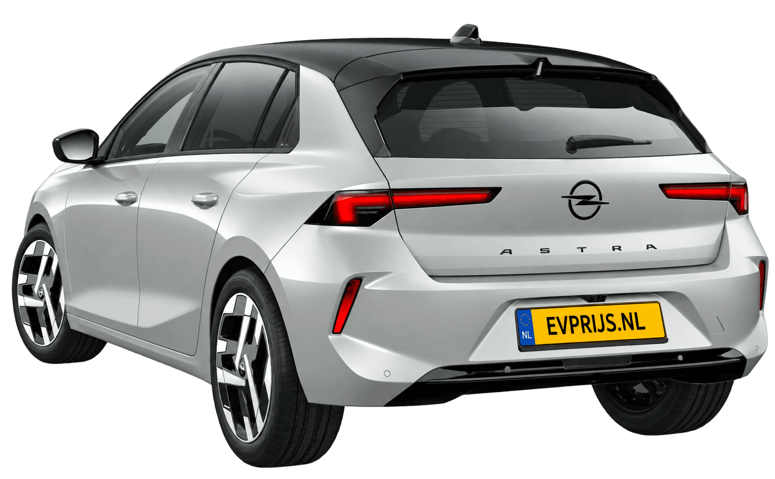 AI-bewerking (Imagegen) van officiële Opel-configuratorrender: Astra Electric achter-/zijaanzicht in Kristal Silver (configuratorrender Astra 5-deurs Electric GS, aanzicht 003); velgen en details kunnen per uitvoering afwijken, beeld 2
