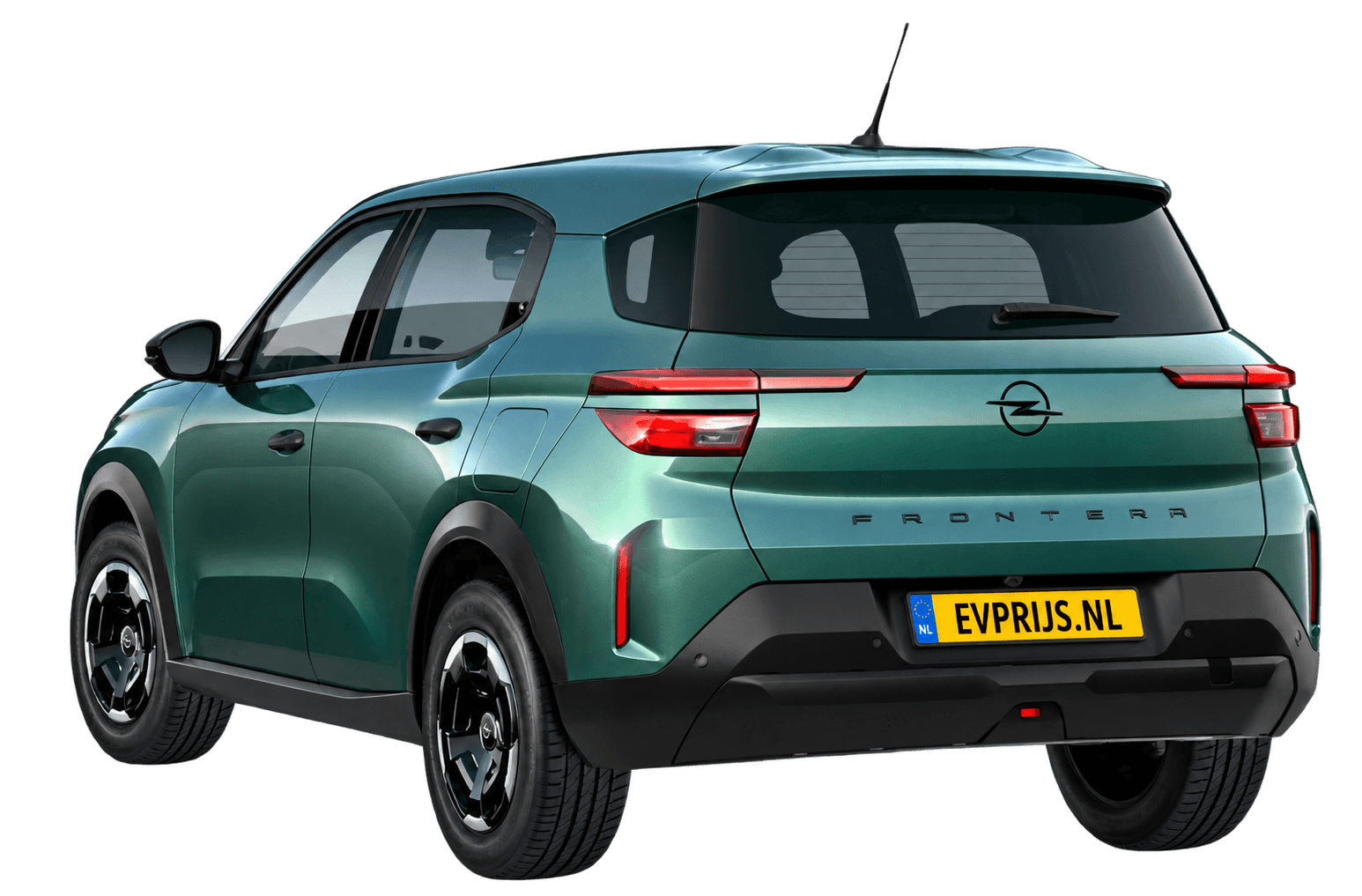 AI-bewerking (Imagegen) van officiële Opel-configuratorrender: Frontera Electric achter-/zijaanzicht in Khaki Green (configuratorrender Frontera Electric Business Edition 44kWh 84kW (113pk), aanzicht 003); velgen en details kunnen per uitvoering afwijken, beeld 2