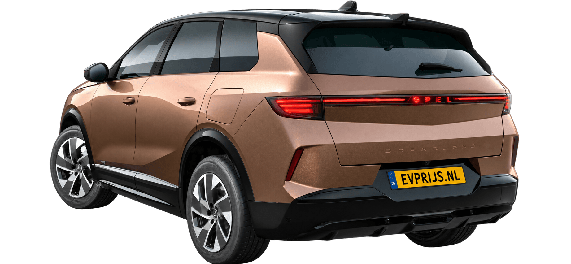 AI-bewerking (Imagegen) van officiële Opel-configuratorrender: Grandland Electric achter-/zijaanzicht in Impakt Copper (configuratorrender Grandland GS Electric 213pk (157kW, 73kWh ), aanzicht 003); velgen en details kunnen per uitvoering afwijken, beeld 2