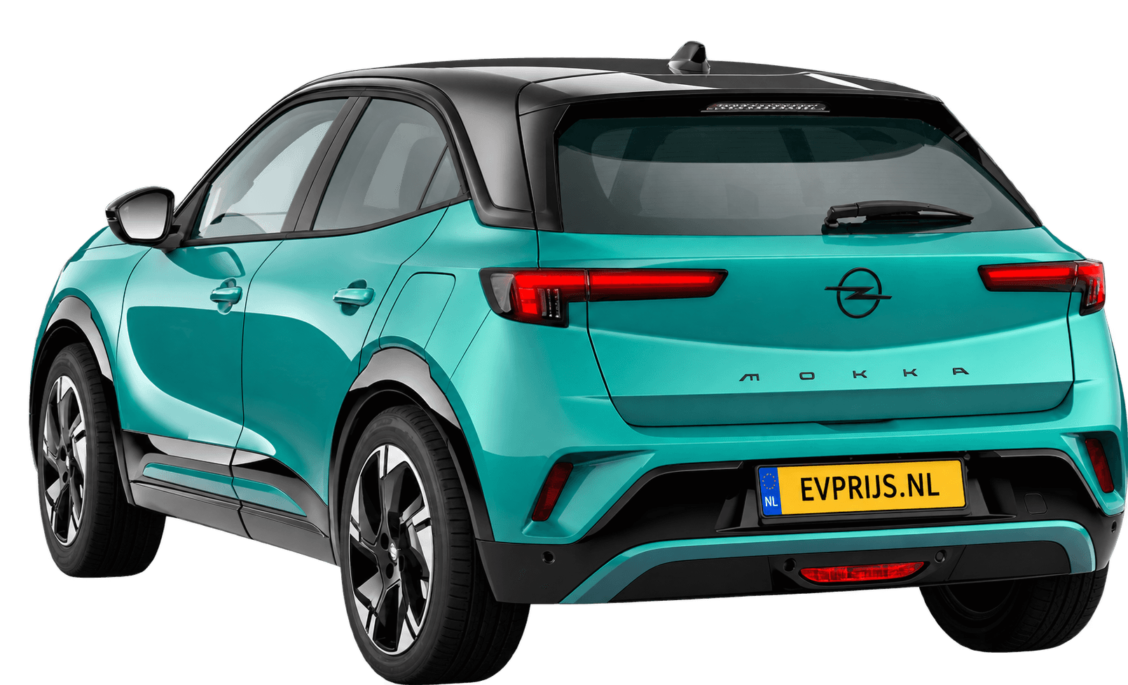 AI-bewerking (Imagegen) van officiële Opel-configuratorrender: Mokka Electric achter-/zijaanzicht in Tropikal Green (configuratorrender Mokka Electric Ultimate 54kWh 156pk, aanzicht 003); velgen en details kunnen per uitvoering afwijken, beeld 2
