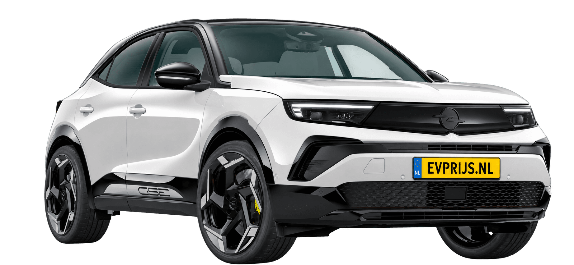 AI-bewerking (Imagegen) van officiële Opel-configuratorrender: Mokka GSE voor-/zijaanzicht in Arktis White (configuratorrender Mokka GSE Electric 280pk 54 kWh, aanzicht 001); velgen en details kunnen per uitvoering afwijken, beeld 7