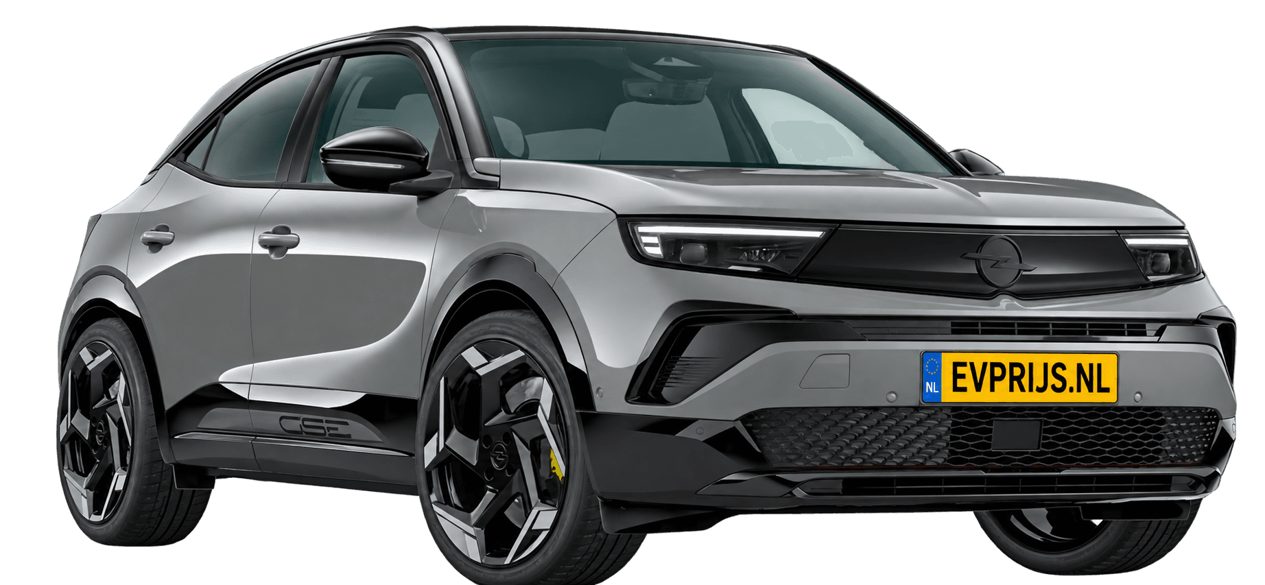 AI-bewerking (Imagegen) van officiële Opel-configuratorrender: Mokka GSE voor-/zijaanzicht in Grafik Grey (configuratorrender Mokka GSE Electric 280pk 54 kWh, aanzicht 001); velgen en details kunnen per uitvoering afwijken, beeld 6
