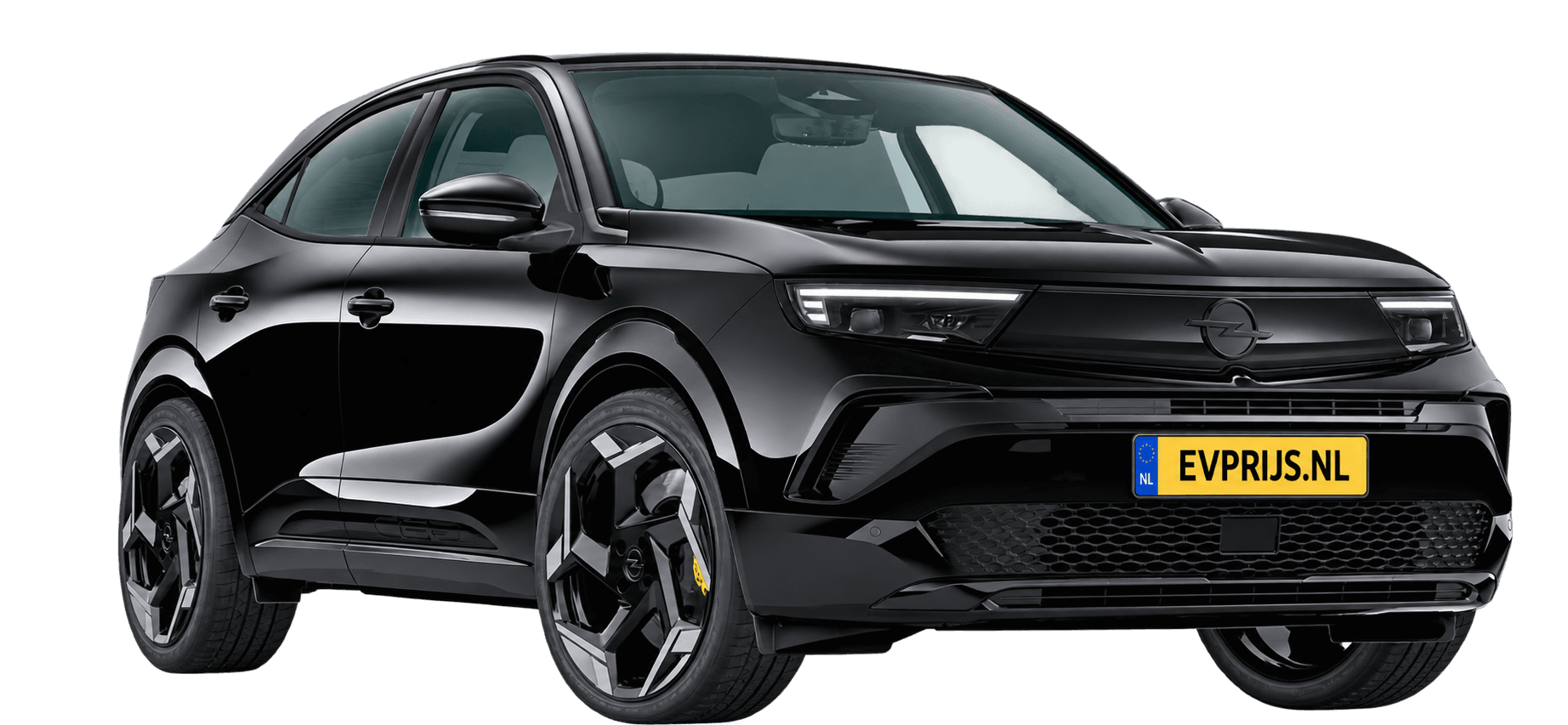 AI-bewerking (Imagegen) van officiële Opel-configuratorrender: Mokka GSE voor-/zijaanzicht in Karbon Black (configuratorrender Mokka GSE Electric 280pk 54 kWh, aanzicht 001); velgen en details kunnen per uitvoering afwijken, beeld 3