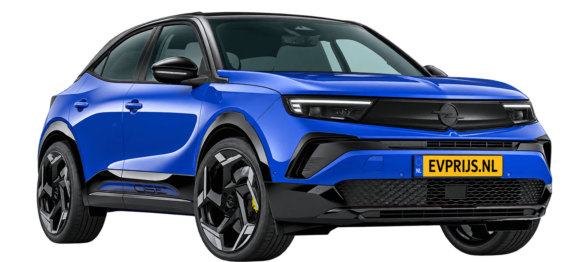AI-bewerking (Imagegen) van officiële Opel-configuratorrender: Mokka GSE voor-/zijaanzicht in Kolibri Blue (configuratorrender Mokka GSE Electric 280pk 54 kWh, aanzicht 001); velgen en details kunnen per uitvoering afwijken, beeld 5