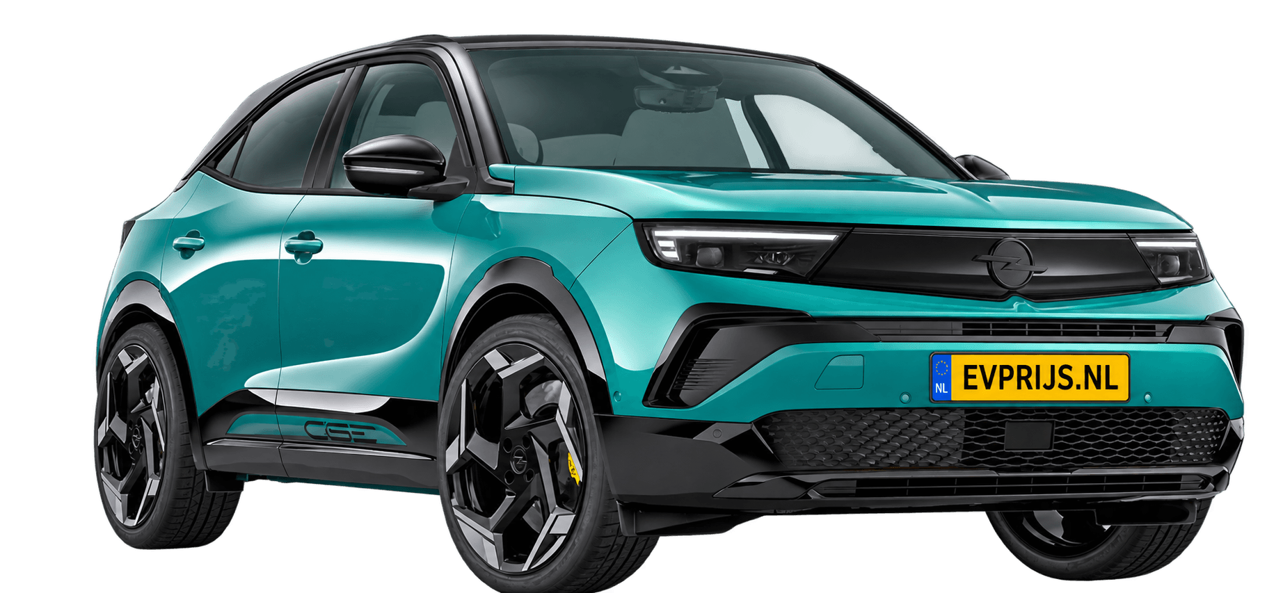AI-bewerking (Imagegen) van officiële Opel-configuratorrender: Mokka GSE voor-/zijaanzicht in Tropikal Green (configuratorrender Mokka GSE Electric 280pk 54 kWh, aanzicht 001); velgen en details kunnen per uitvoering afwijken, beeld 4