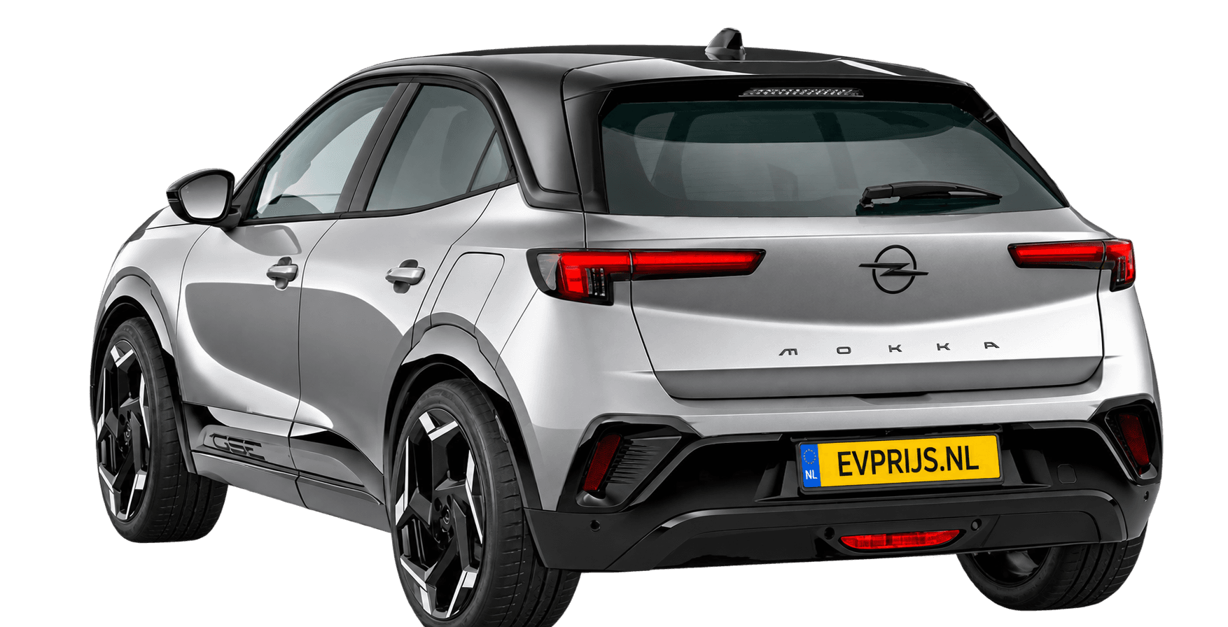 AI-bewerking (Imagegen) van officiële Opel-configuratorrender: Mokka GSE achter-/zijaanzicht in Kontrast Grey (configuratorrender Mokka GSE Electric 280pk 54 kWh, aanzicht 003); velgen en details kunnen per uitvoering afwijken, beeld 2