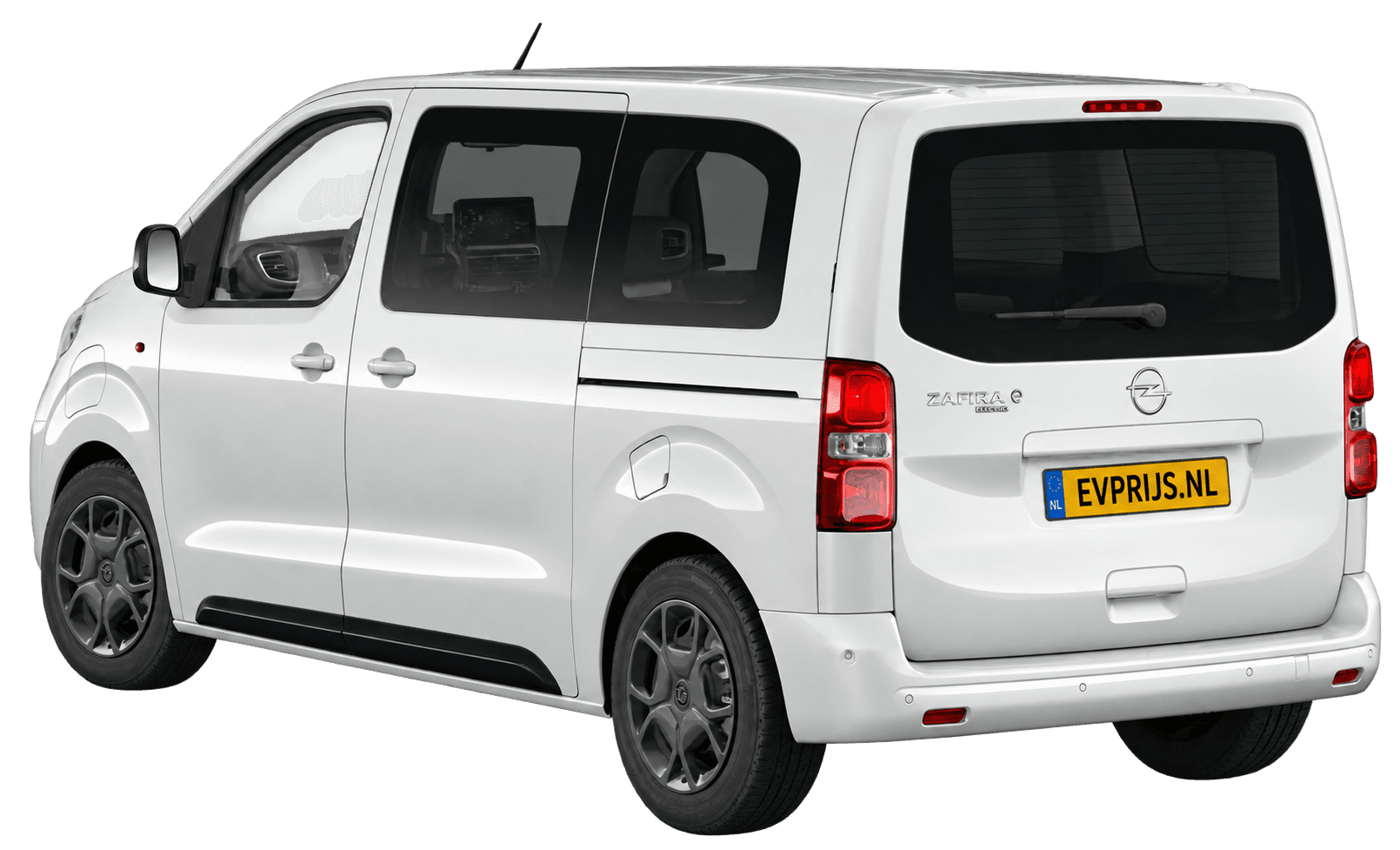 AI-bewerking (Imagegen) van officiële Opel-configuratorrender: Zafira Electric achter-/zijaanzicht in Icy White (configuratorrender Zafira Electric L2 75kWh, aanzicht 003); velgen en details kunnen per uitvoering afwijken, beeld 2