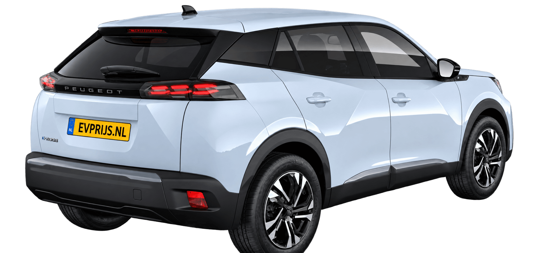 AI-bewerking (Imagegen) van officiële Peugeot-configuratorrender: E-2008 achter-/zijaanzicht in Blanc OKENITE (configuratorrender E-2008 SUV Allure 54kWh 156, aanzicht 005); velgen en details kunnen per uitvoering afwijken, beeld 2
