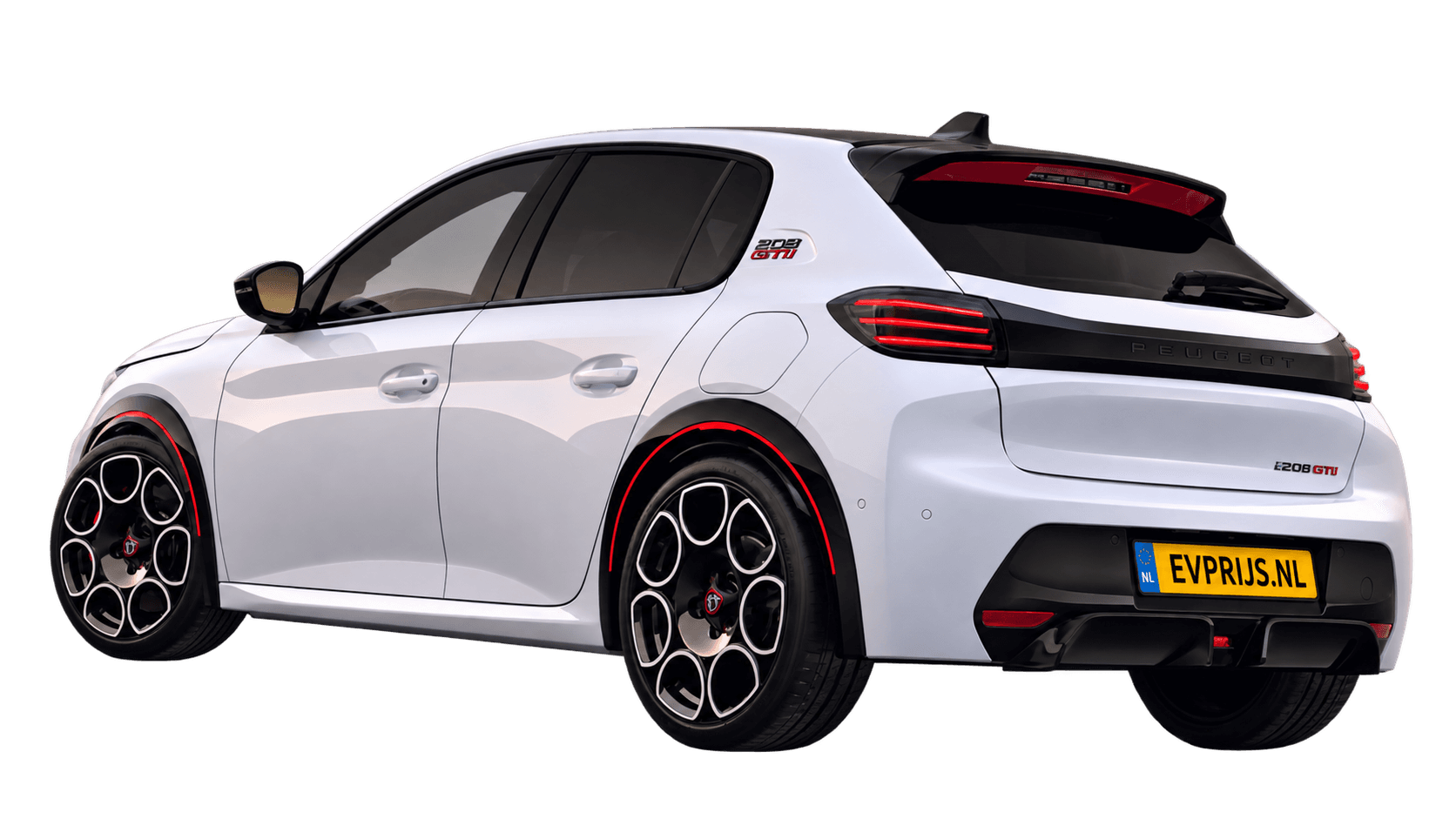 AI-bewerking (Imagegen) van officiële Peugeot-configuratorrender: E-208 GTi achter-/zijaanzicht in Blanc OKENITE (configuratorrender Nieuwe E-208 GTi 51kWh 281, aanzicht 004); velgen en details kunnen per uitvoering afwijken, beeld 2