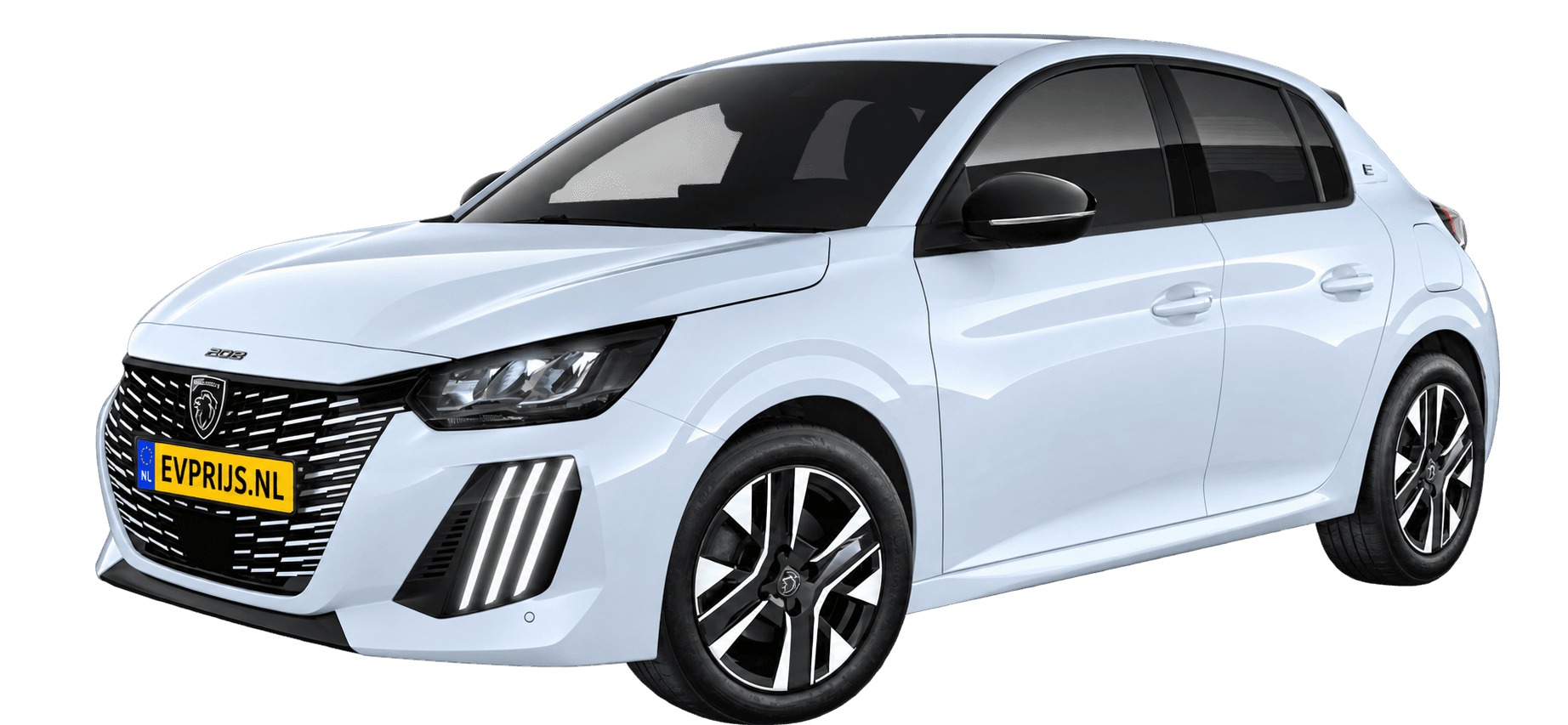 AI-bewerking (Imagegen) van officiële Peugeot-configuratorrender: E-208 voor-/zijaanzicht in Blanc OKENITE (configuratorrender E-208 Allure 51kWh 156, aanzicht 002); velgen en details kunnen per uitvoering afwijken, beeld 7