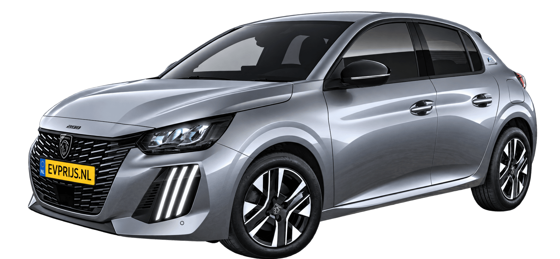 AI-bewerking (Imagegen) van officiële Peugeot-configuratorrender: E-208 voor-/zijaanzicht in Gris ARTENSE (configuratorrender E-208 Allure 51kWh 156, aanzicht 002); velgen en details kunnen per uitvoering afwijken, beeld 4