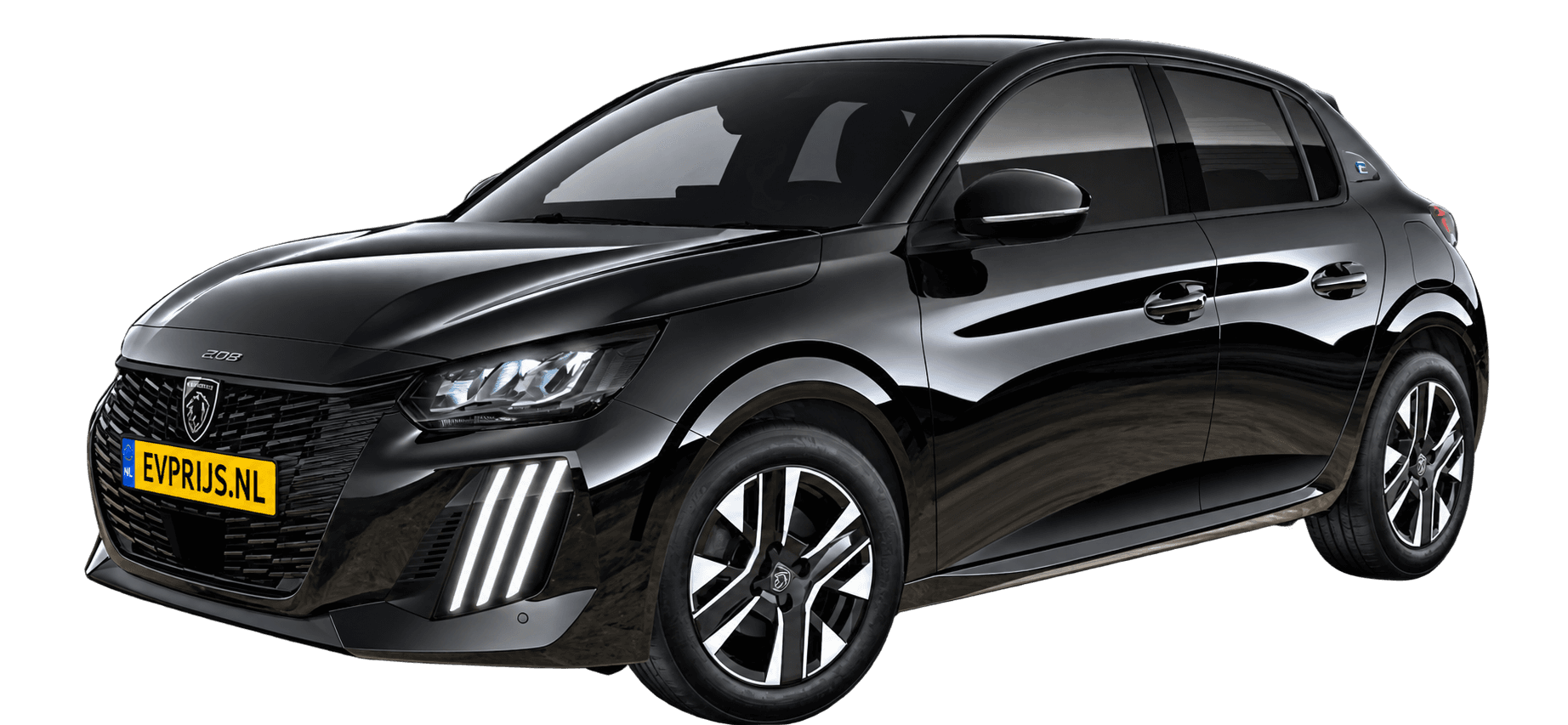 AI-bewerking (Imagegen) van officiële Peugeot-configuratorrender: E-208 voor-/zijaanzicht in Noir PERLA NERA (configuratorrender E-208 Allure 51kWh 156, aanzicht 002); velgen en details kunnen per uitvoering afwijken, beeld 5