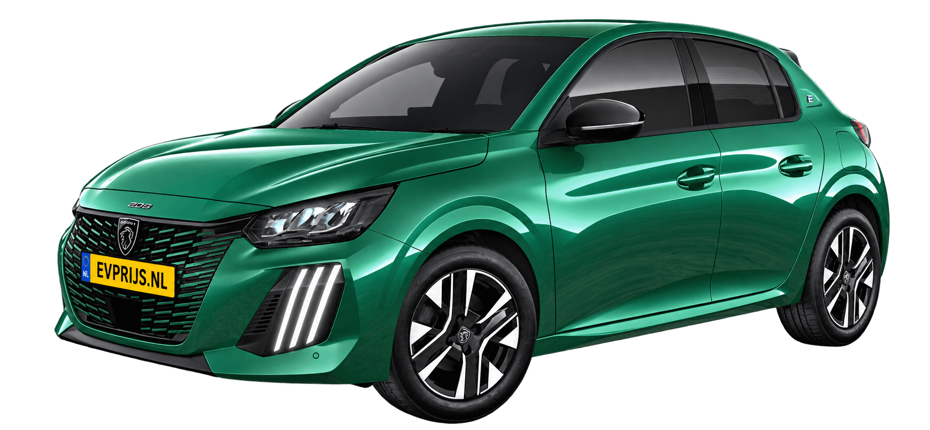 AI-bewerking (Imagegen) van officiële Peugeot-configuratorrender: E-208 voor-/zijaanzicht in Vert ALVAO (configuratorrender E-208 Allure 51kWh 156, aanzicht 002); velgen en details kunnen per uitvoering afwijken, beeld 3