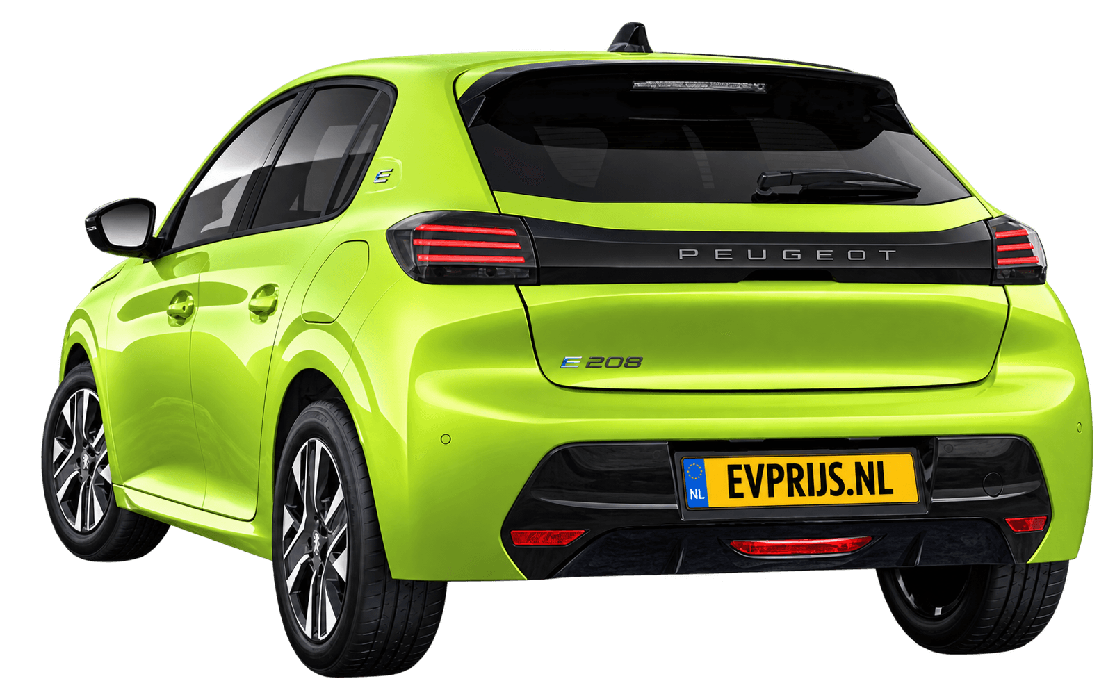AI-bewerking (Imagegen) van officiële Peugeot-configuratorrender: E-208 achter-/zijaanzicht in Jaune AGUEDA (configuratorrender E-208 Allure 51kWh 156, aanzicht 005); velgen en details kunnen per uitvoering afwijken, beeld 2