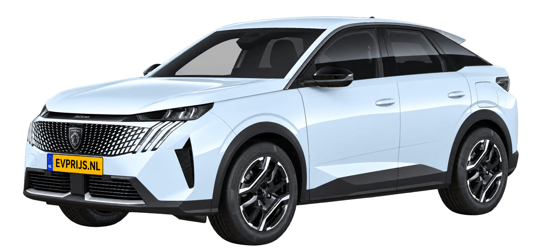 AI-bewerking (Imagegen) van officiële Peugeot-configuratorrender: E-3008 voor-/zijaanzicht in Blanc OKENITE (configuratorrender E-3008 Allure 73kWh 210, aanzicht 001); velgen en details kunnen per uitvoering afwijken, beeld 3