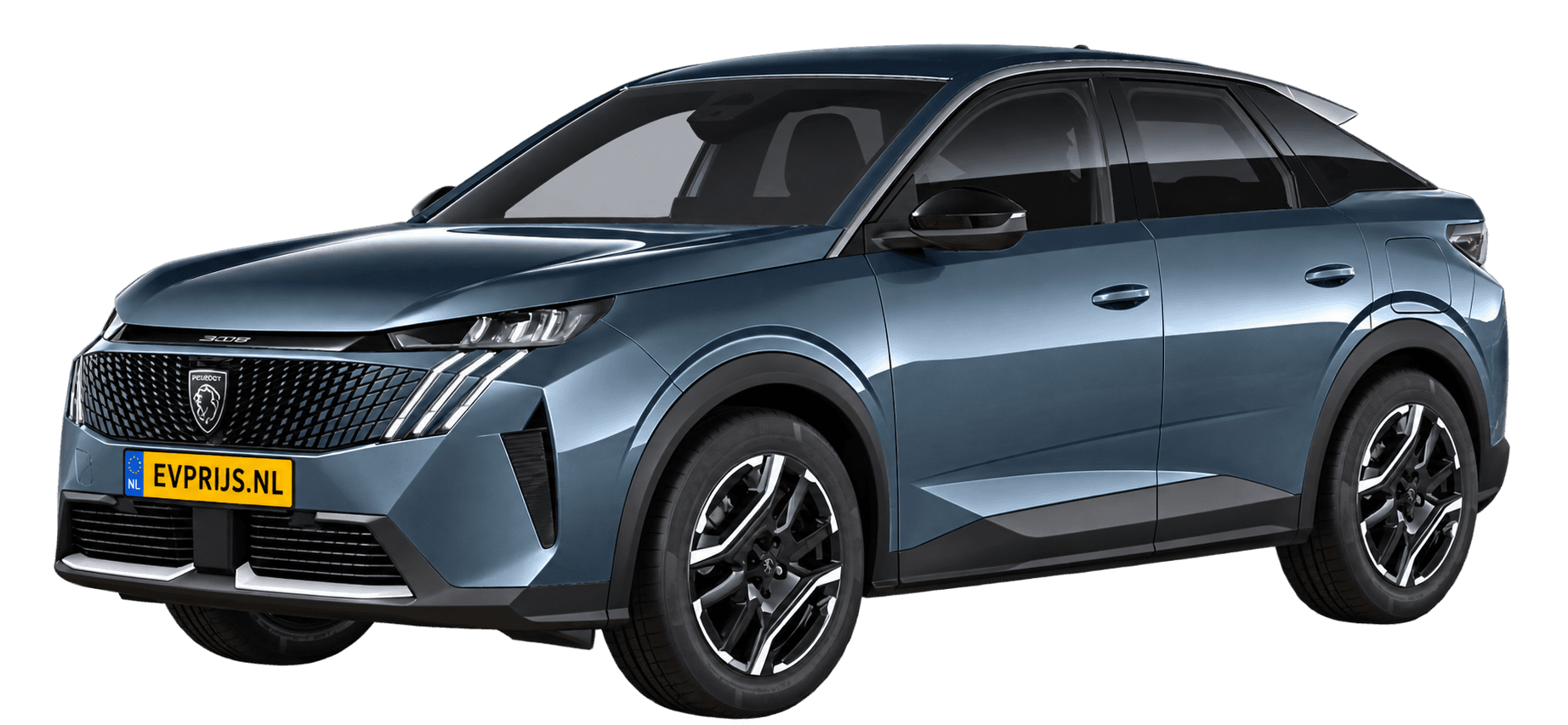 AI-bewerking (Imagegen) van officiële Peugeot-configuratorrender: E-3008 voor-/zijaanzicht in Bleu INGARO (configuratorrender E-3008 Allure 73kWh 210, aanzicht 001); velgen en details kunnen per uitvoering afwijken, beeld 5