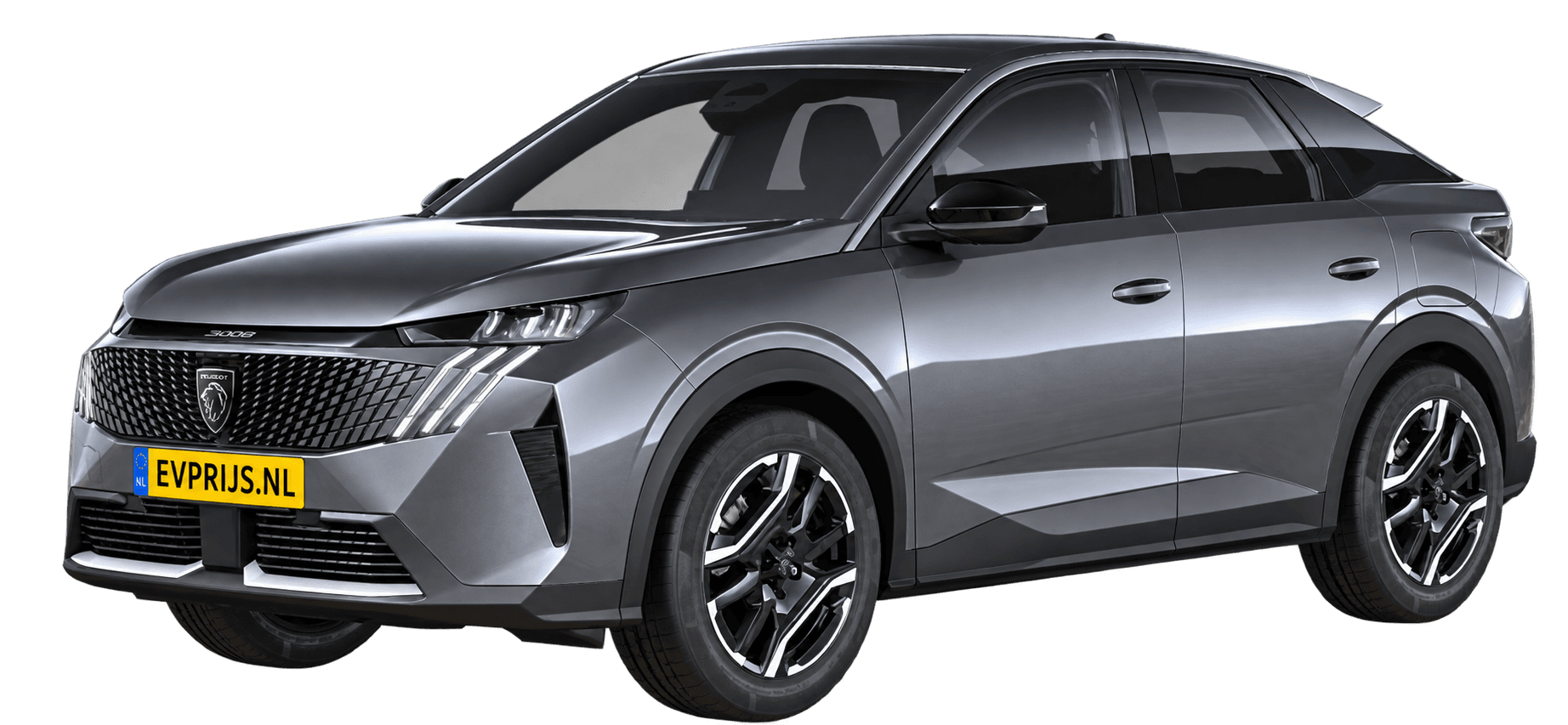 AI-bewerking (Imagegen) van officiële Peugeot-configuratorrender: E-3008 voor-/zijaanzicht in Gris TITANE (configuratorrender E-3008 Allure 73kWh 210, aanzicht 001); velgen en details kunnen per uitvoering afwijken, beeld 4