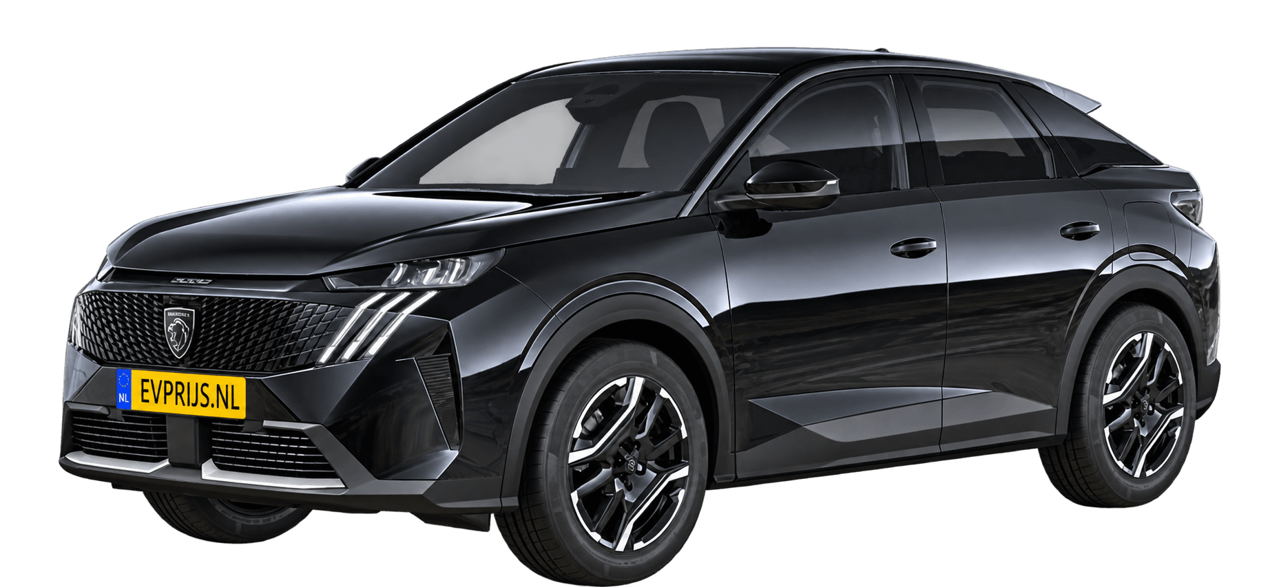 AI-bewerking (Imagegen) van officiële Peugeot-configuratorrender: E-3008 voor-/zijaanzicht in Noir PERLA NERA (configuratorrender E-3008 Allure 73kWh 210, aanzicht 001); velgen en details kunnen per uitvoering afwijken, beeld 7