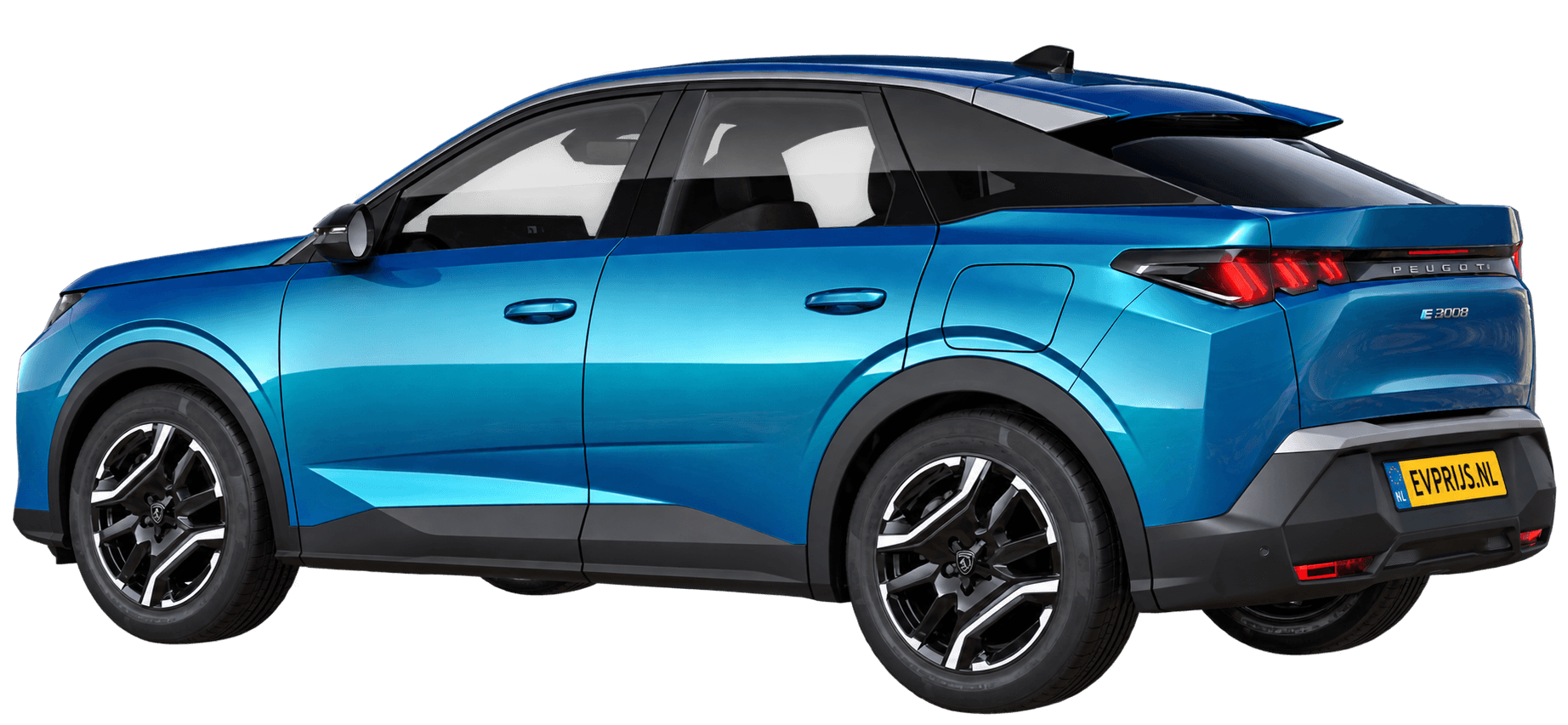 AI-bewerking (Imagegen) van officiële Peugeot-configuratorrender: E-3008 achter-/zijaanzicht in Bleu OBSESSION (configuratorrender E-3008 Allure 73kWh 210, aanzicht 003); velgen en details kunnen per uitvoering afwijken, beeld 2