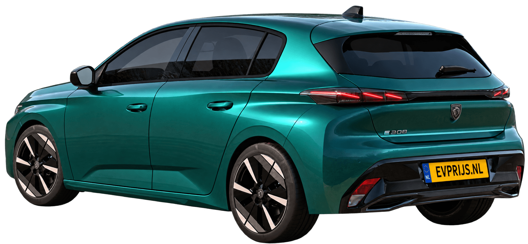 AI-bewerking (Imagegen) van officiële Peugeot-configuratorrender: E-308 achter-/zijaanzicht in Bleu LAGOA (configuratorrender Nieuwe E-308 Allure 58kWh 156, aanzicht 005); velgen en details kunnen per uitvoering afwijken, beeld 2