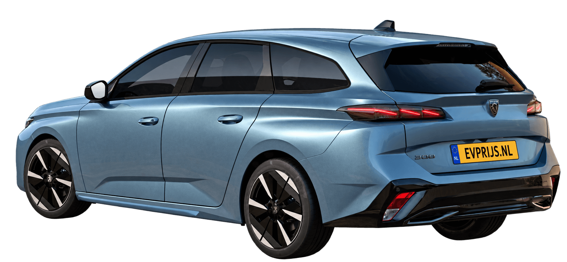 AI-bewerking (Imagegen) van officiële Peugeot-configuratorrender: E-308 SW achter-/zijaanzicht in Bleu INGARO (configuratorrender Nieuwe E-308 SW Allure 58kWh 156, aanzicht 005); velgen en details kunnen per uitvoering afwijken, beeld 2