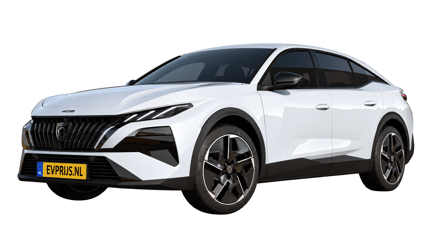 AI-bewerking (Imagegen) van officiële Peugeot-configuratorrender: E-408 voor-/zijaanzicht in Blanc OKENITE (configuratorrender Nieuwe E-408 Allure 58kWh 210, aanzicht 002); velgen en details kunnen per uitvoering afwijken, beeld 5