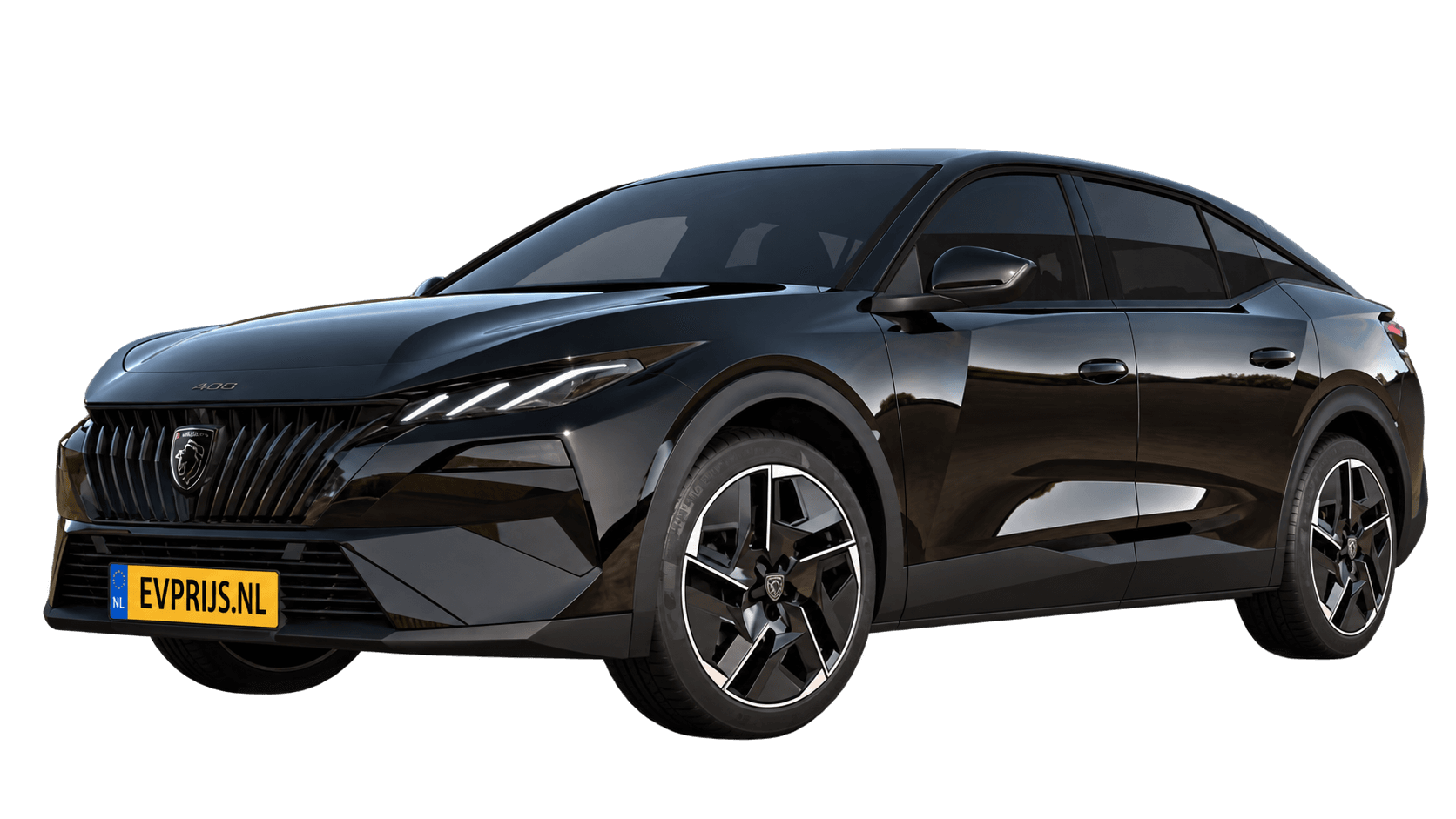 AI-bewerking (Imagegen) van officiële Peugeot-configuratorrender: E-408 voor-/zijaanzicht in Noir PERLA NERA (configuratorrender Nieuwe E-408 Allure 58kWh 210, aanzicht 002); velgen en details kunnen per uitvoering afwijken, beeld 4