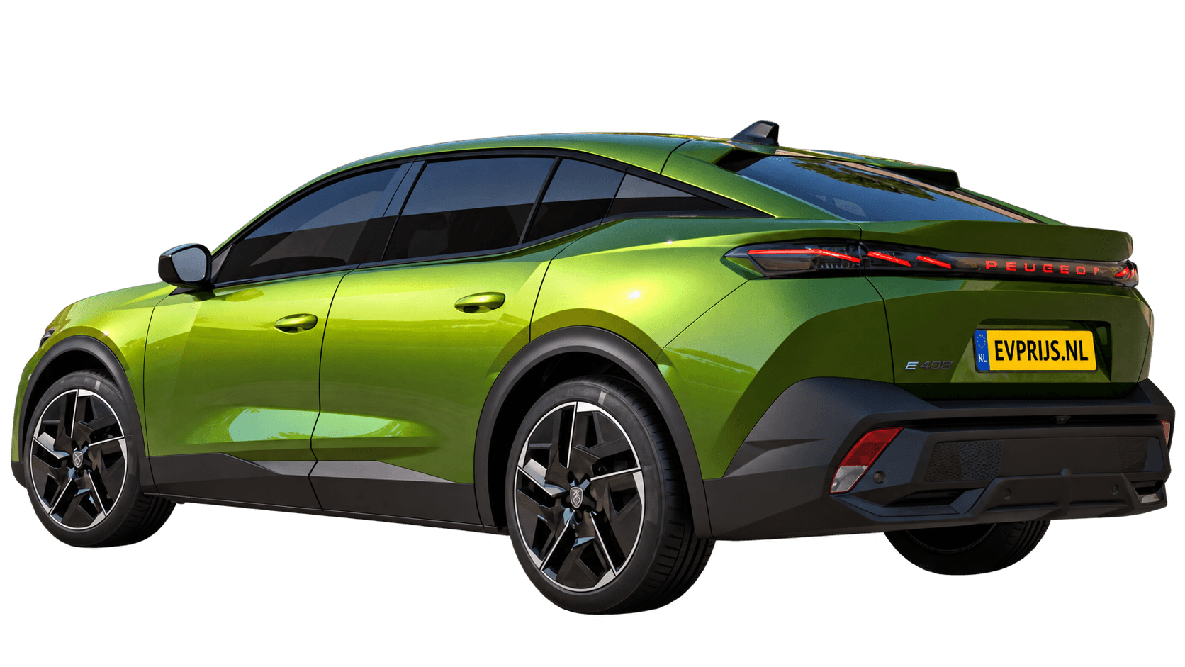 AI-bewerking (Imagegen) van officiële Peugeot-configuratorrender: E-408 achter-/zijaanzicht in Vert FLARE (configuratorrender Nieuwe E-408 Allure 58kWh 210, aanzicht 004); velgen en details kunnen per uitvoering afwijken, beeld 2