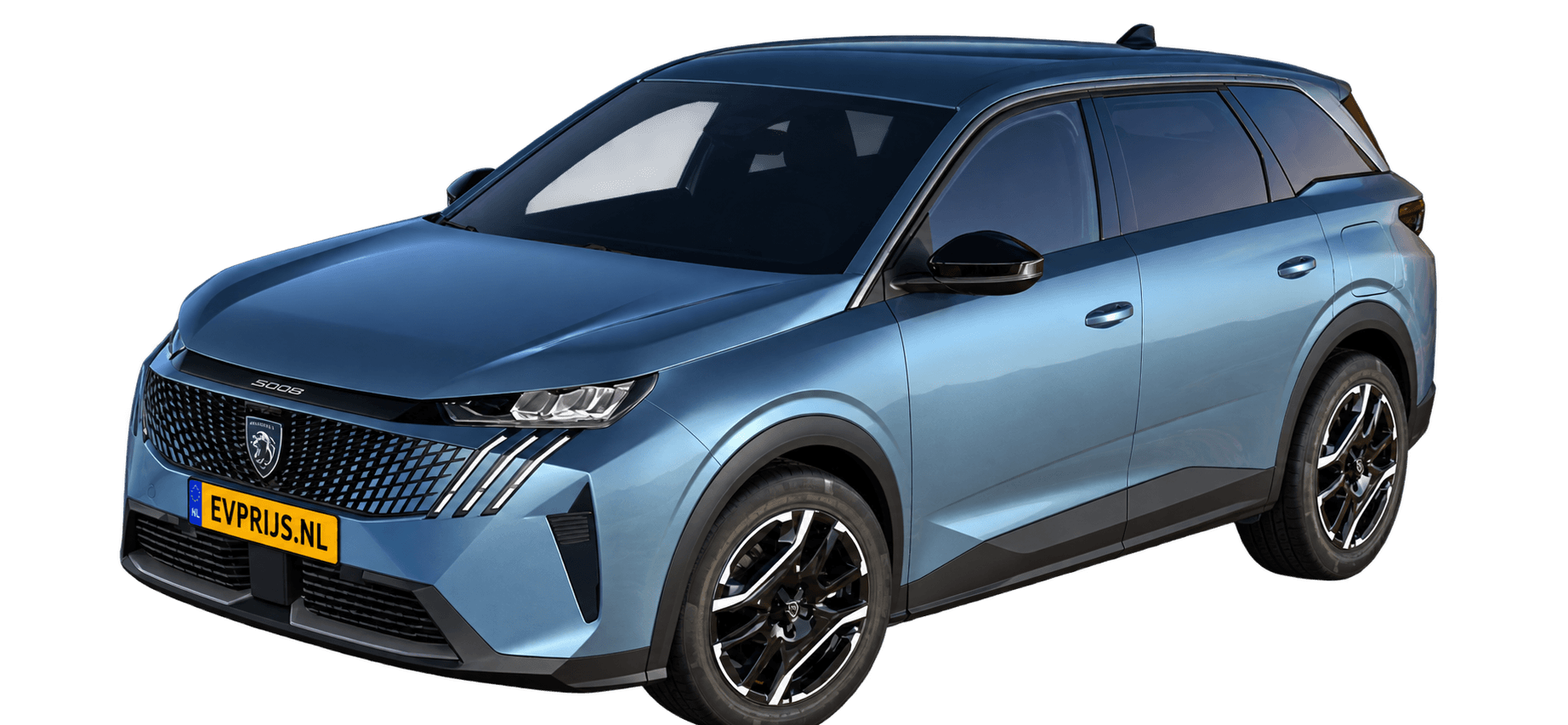 AI-bewerking (Imagegen) van officiële Peugeot-configuratorrender: E-5008 voor-/zijaanzicht in Bleu INGARO (configuratorrender E-5008 Allure 73kWh 210, aanzicht 002); velgen en details kunnen per uitvoering afwijken, beeld 4