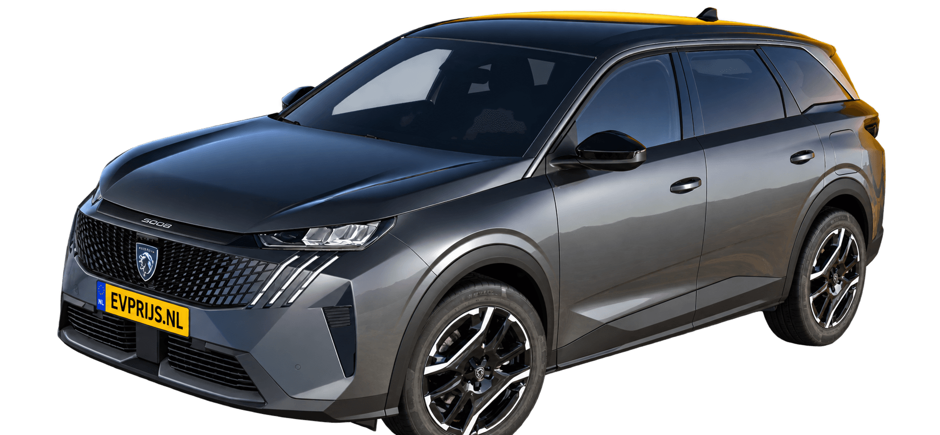 AI-bewerking (Imagegen) van officiële Peugeot-configuratorrender: E-5008 voor-/zijaanzicht in Gris TITANE (configuratorrender E-5008 Allure 73kWh 210, aanzicht 002); velgen en details kunnen per uitvoering afwijken, beeld 3