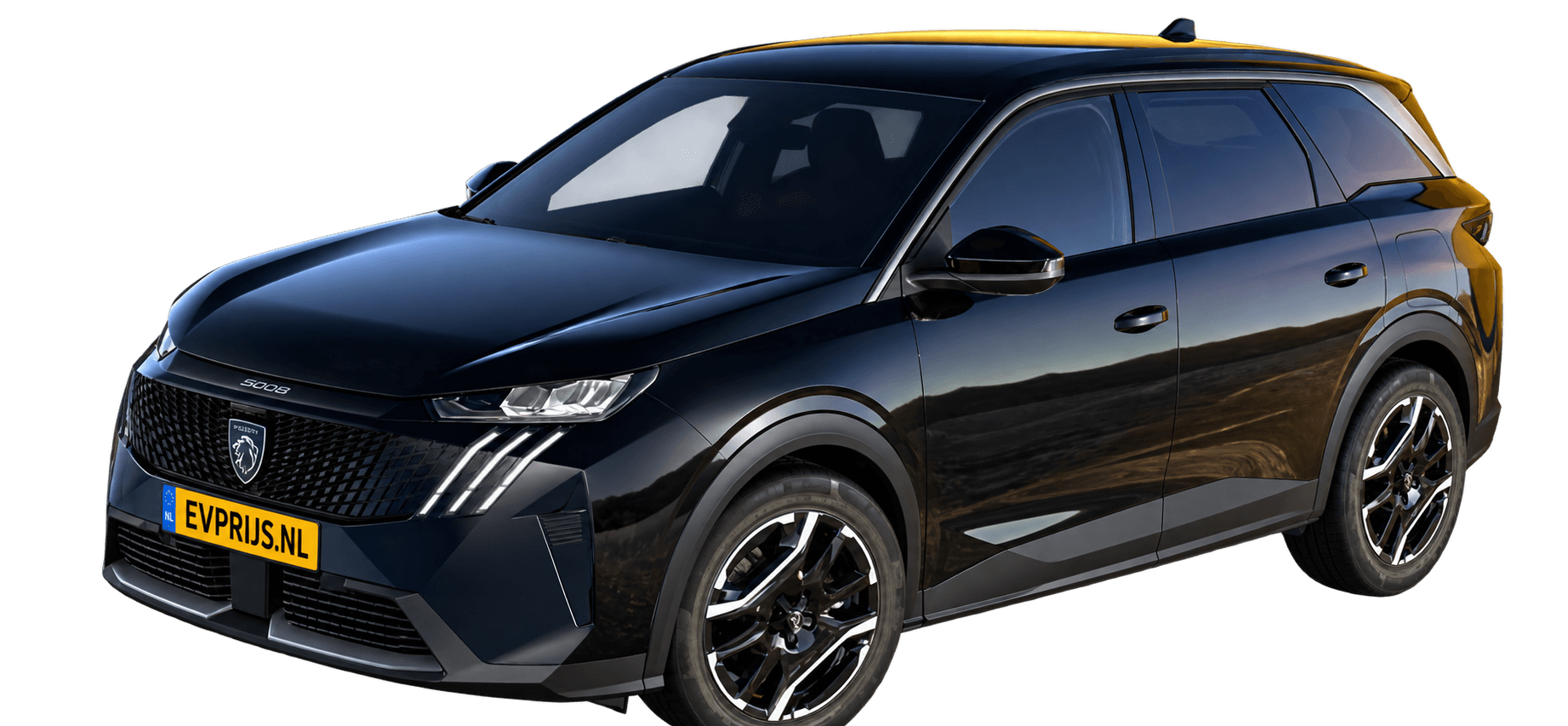 AI-bewerking (Imagegen) van officiële Peugeot-configuratorrender: E-5008 voor-/zijaanzicht in Noir PERLA NERA (configuratorrender E-5008 Allure 73kWh 210, aanzicht 002); velgen en details kunnen per uitvoering afwijken, beeld 5