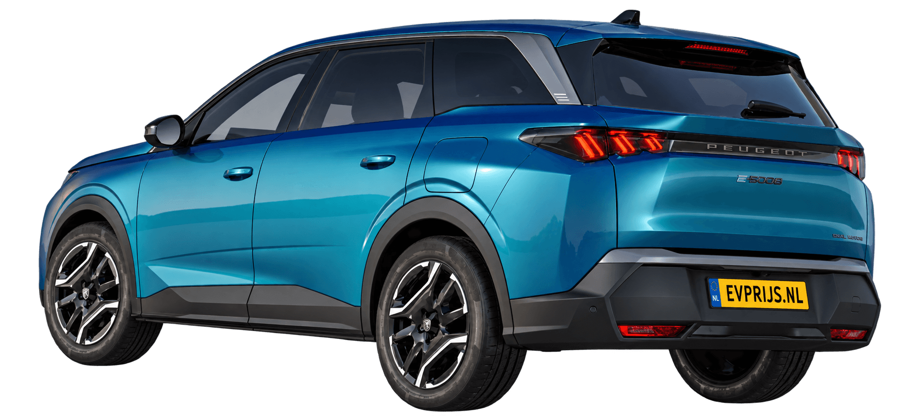 AI-bewerking (Imagegen) van officiële Peugeot-configuratorrender: E-5008 achter-/zijaanzicht in Bleu OBSESSION (configuratorrender E-5008 Allure 73kWh 210, aanzicht 005); velgen en details kunnen per uitvoering afwijken, beeld 2