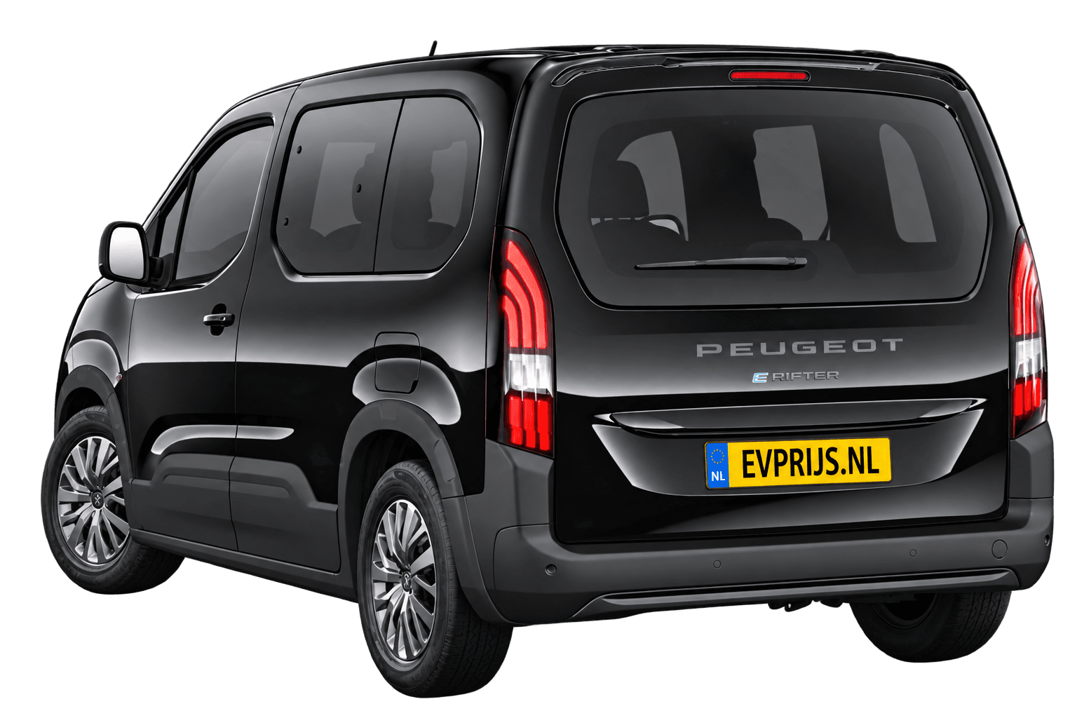 AI-bewerking (Imagegen) van officiële Peugeot-configuratorrender: E-Rifter achter-/zijaanzicht in Zwart Metallic (Perla Nera Black) (configuratorrender E-Rifter Allure M, aanzicht 003); velgen en details kunnen per uitvoering afwijken, beeld 2