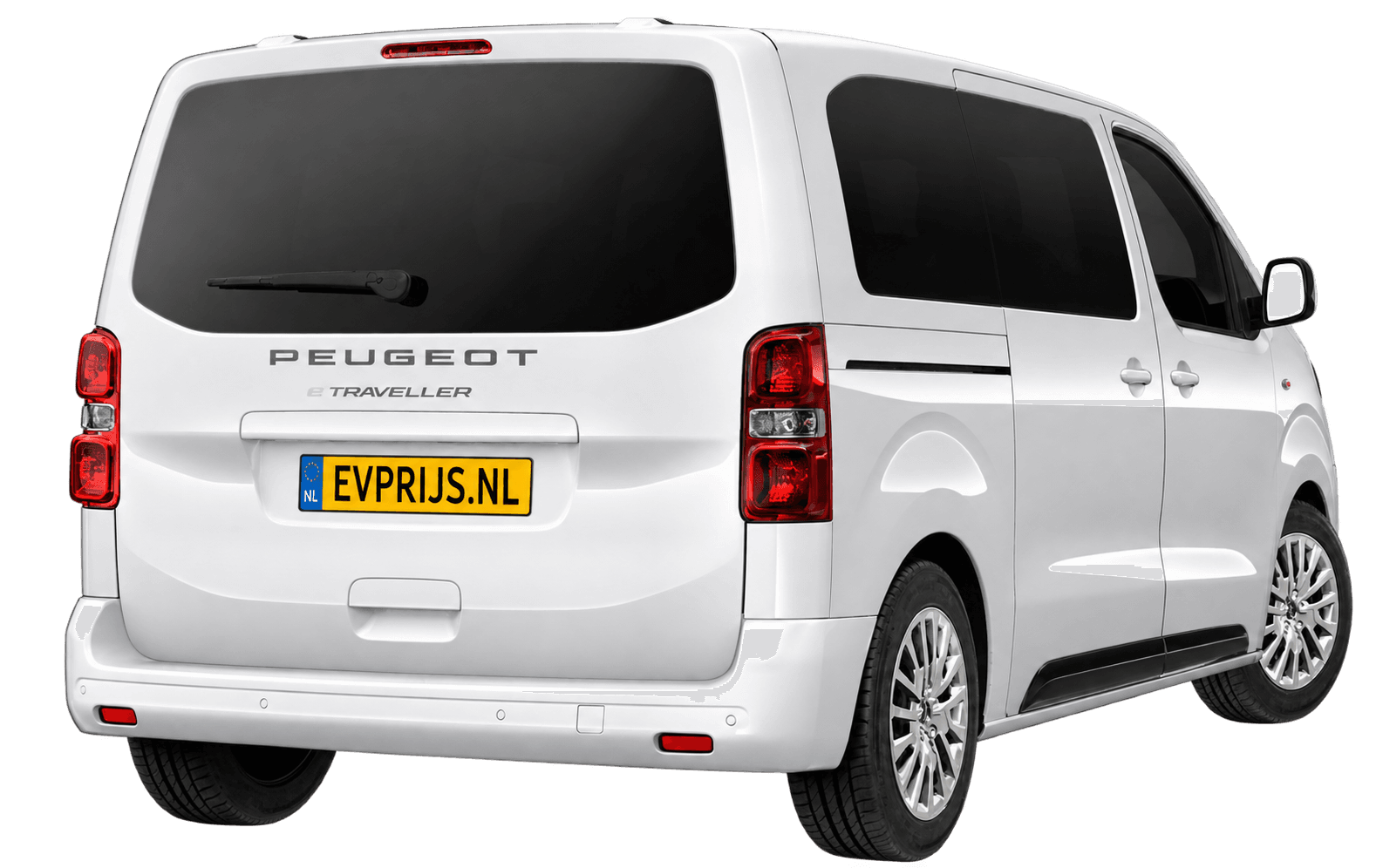 AI-bewerking (Imagegen) van officiële Peugeot-configuratorrender: E-Traveller achter-/zijaanzicht in Blanc Icy (configuratorrender e-Traveller Standard 50 kWh, aanzicht 003); velgen en details kunnen per uitvoering afwijken, beeld 2