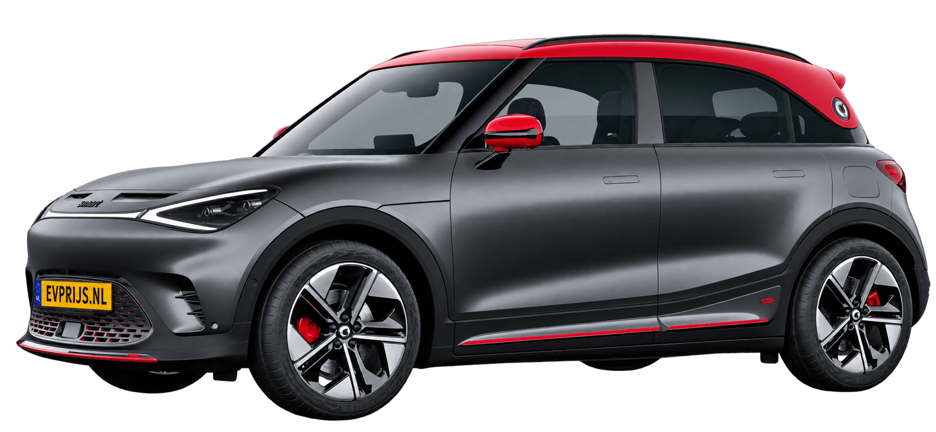 AI-bewerking (Imagegen) van officiële smart-configuratorrender: smart #1 voor-/zijaanzicht in Atom Grey Matte met rood dak (configuratorrender smart #1 BRABUS (HXYH2D3I61EU000007), aanzicht FR-02 (voor-/zijaanzicht, neus links)); velgen en details kunnen per uitvoering afwijken, beeld 13
