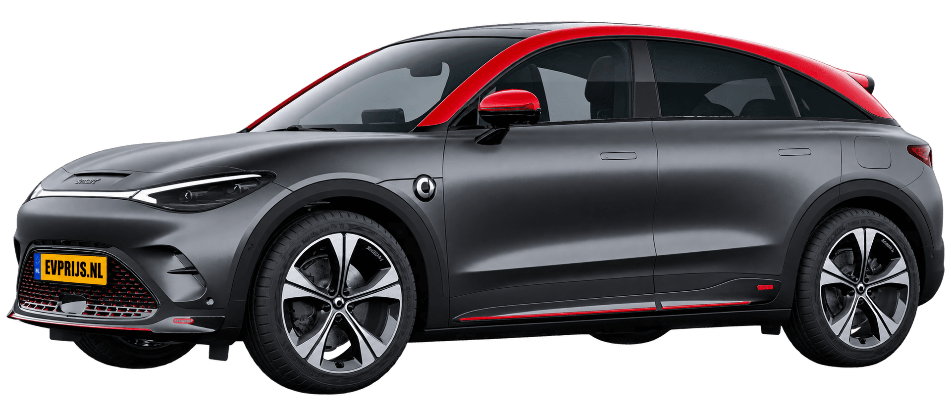 AI-bewerking (Imagegen) van officiële smart-configuratorrender: smart #3 voor-/zijaanzicht in Atom Grey Matte met rood dak (configuratorrender smart #3 BRABUS (HC1H2D3I61EU011294), aanzicht FR-02 (voor-/zijaanzicht, neus links)); velgen en details kunnen per uitvoering afwijken, beeld 14